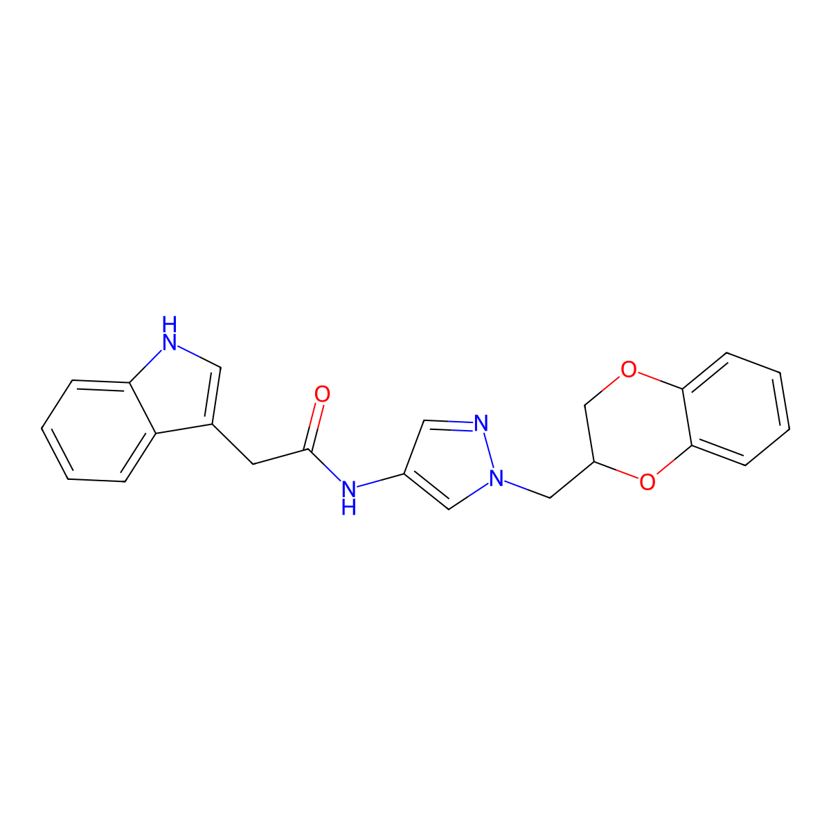 N-(1-((2,3-dihydrobenzo[b][1,4]dioxin-2-yl)methyl)-1H-pyrazol-4-yl)-2-(1H-indol-3-yl)acetamide molecular structure, CAS 1706275-96-8