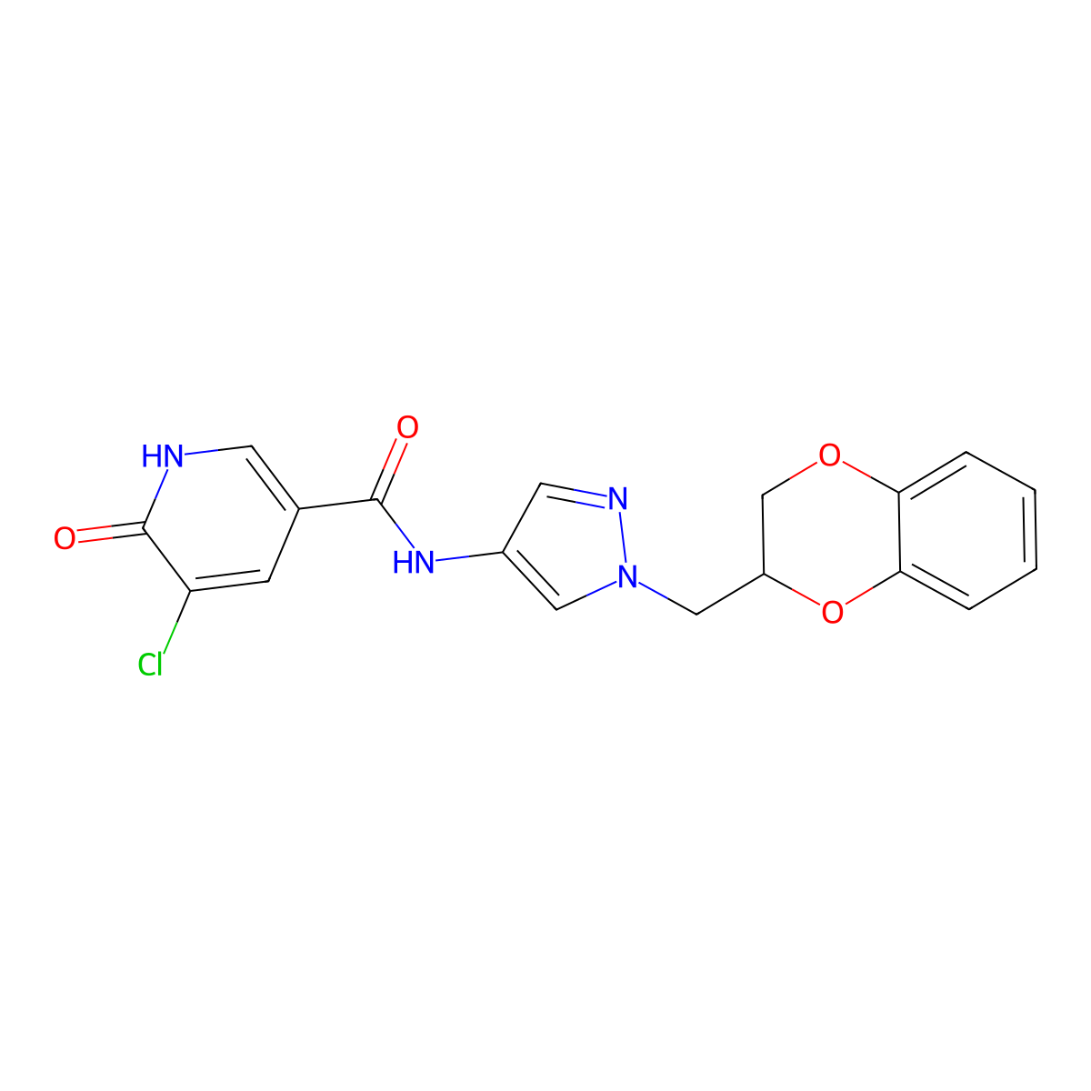 5-chloro-N-(1-((2,3-dihydrobenzo[b][1,4]dioxin-2-yl)methyl)-1H-pyrazol-4-yl)-6-hydroxynicotinamide molecular structure, CAS 1706276-37-0