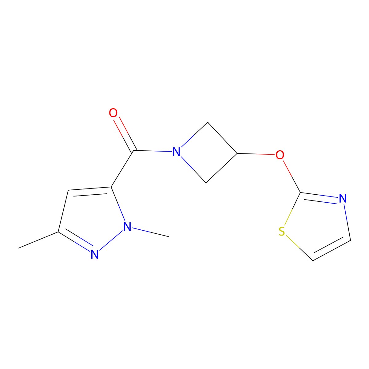 (1,3-dimethyl-1H-pyrazol-5-yl)(3-(thiazol-2-yloxy)azetidin-1-yl)methanone molecular structure, CAS 1706277-80-6