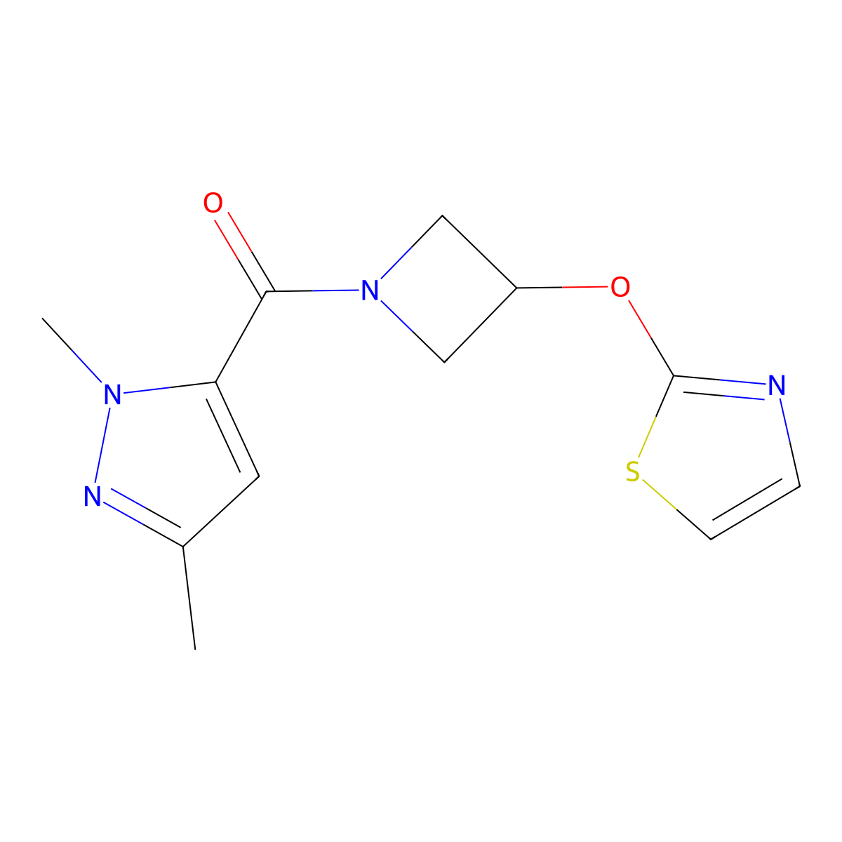 (1,3-dimethyl-1H-pyrazol-5-yl)(3-(thiazol-2-yloxy)azetidin-1-yl)methanone molecular structure, CAS 1706277-80-6