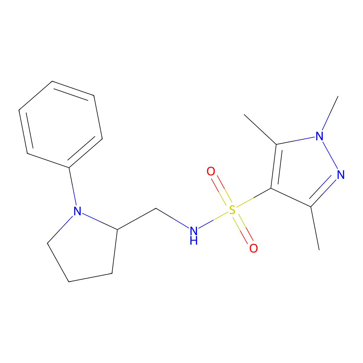 1,3,5-trimethyl-N-[(1-phenylpyrrolidin-2-yl)methyl]-1H-pyrazole-4-sulfonamide molecular structure, CAS 1706277-98-6
