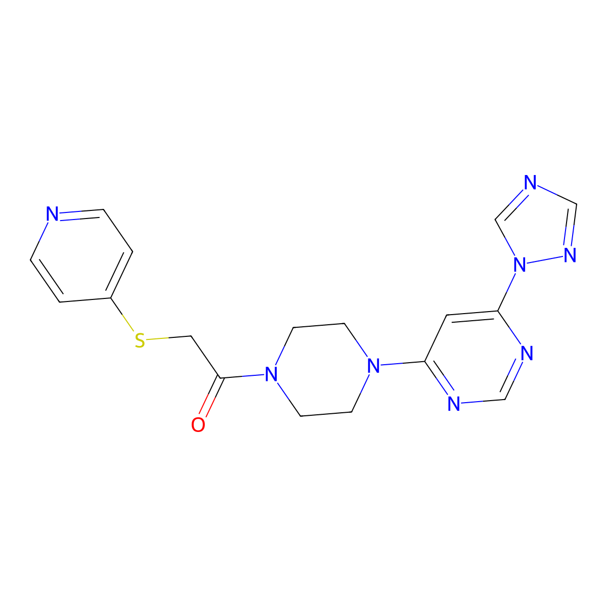 1-(4-(6-(1H-1,2,4-triazol-1-yl)pyrimidin-4-yl)piperazin-1-yl)-2-(pyridin-4-ylthio)ethanone molecular structure, CAS 1706280-64-9