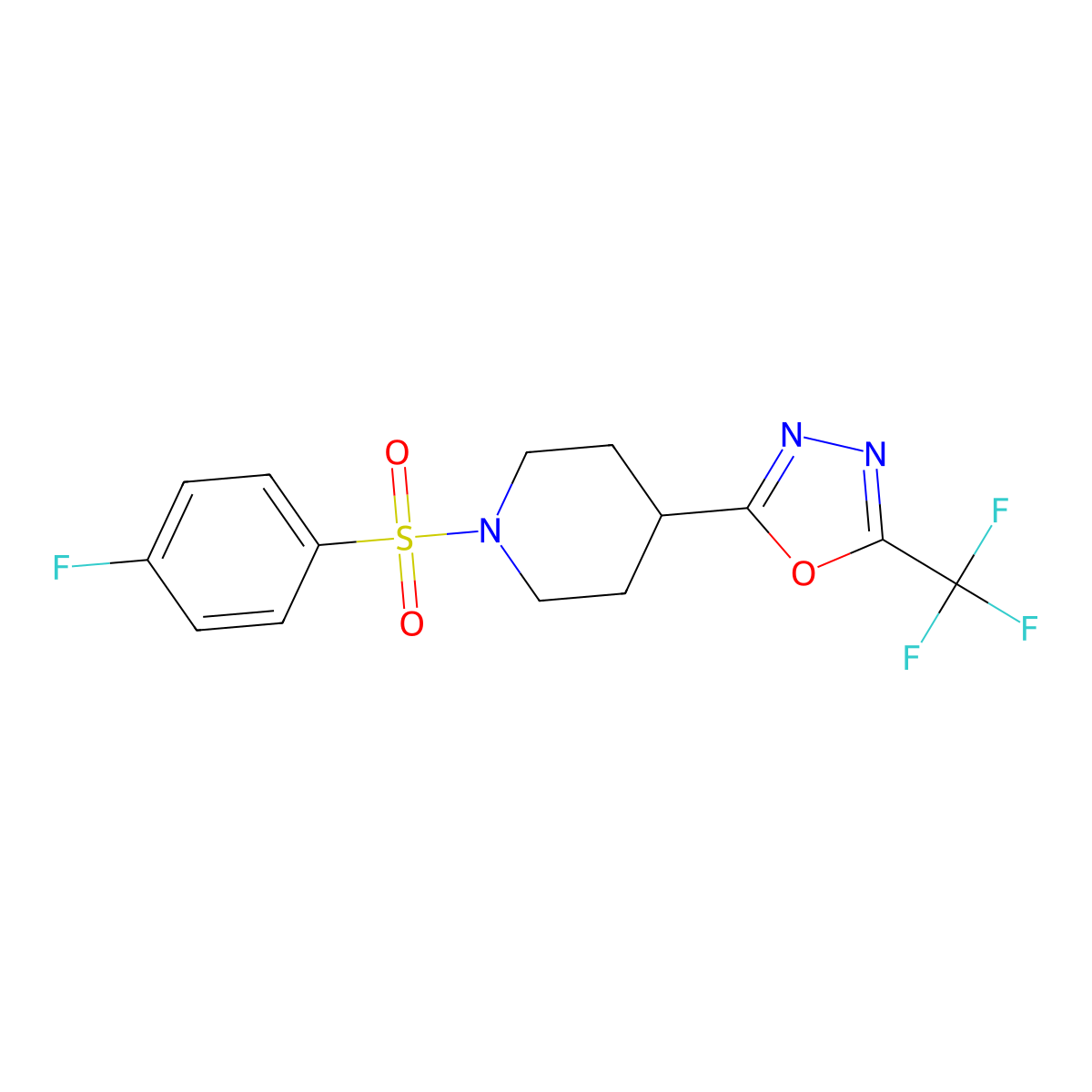 2-(1-((4-Fluorophenyl)sulfonyl)piperidin-4-yl)-5-(trifluoromethyl)-1,3,4-oxadiazole molecular structure, CAS 1706283-62-6