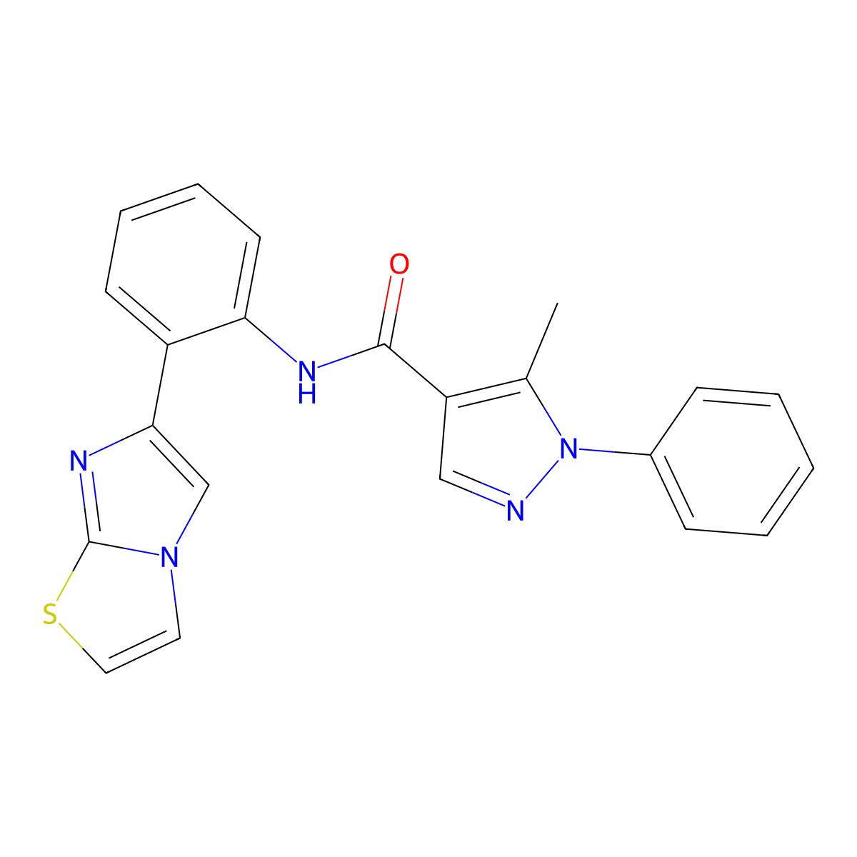 N-(2-{imidazo[2,1-b][1,3]thiazol-6-yl}phenyl)-5-methyl-1-phenyl-1H-pyrazole-4-carboxamide molecular structure, CAS 1706283-73-9