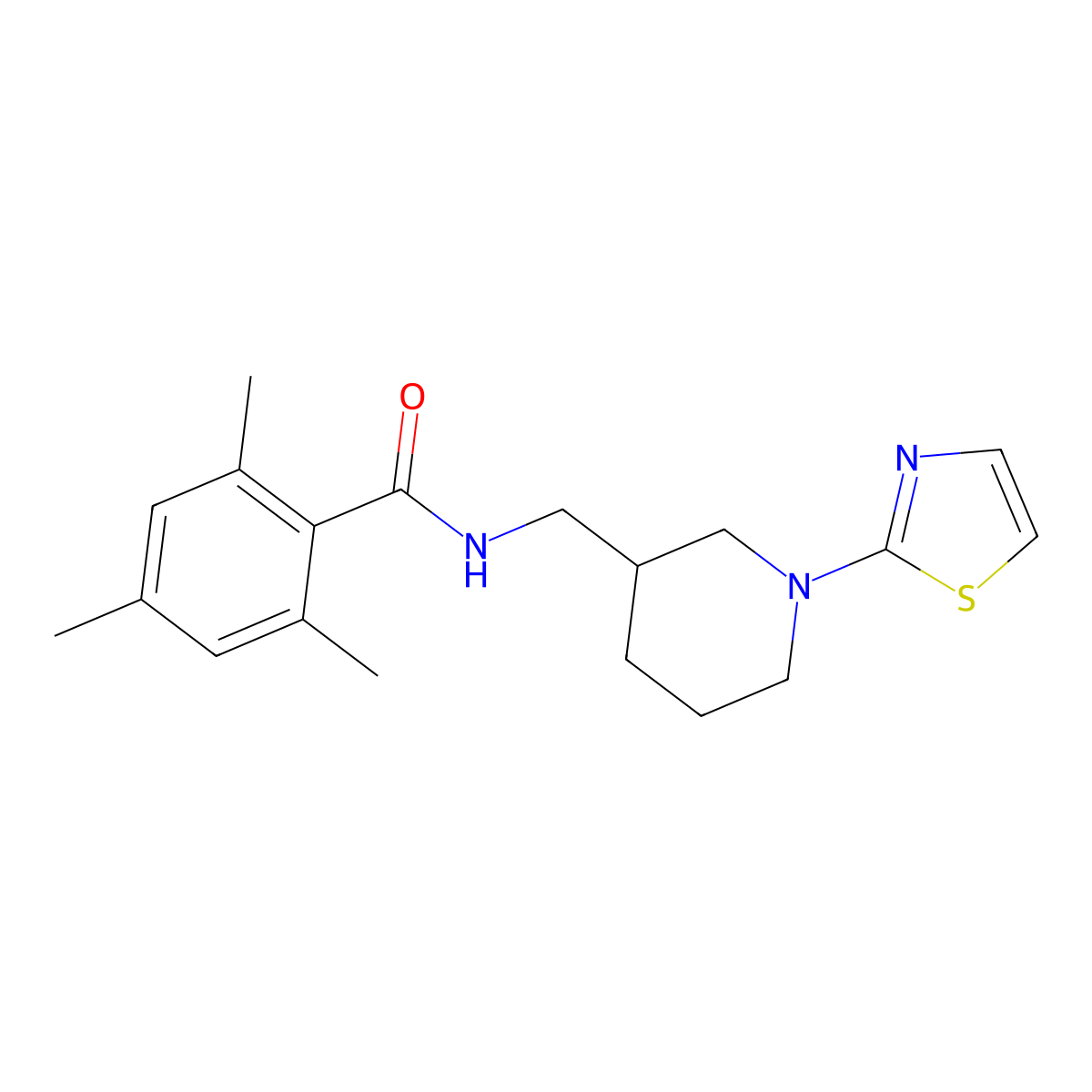 2,4,6-trimethyl-N-((1-(thiazol-2-yl)piperidin-3-yl)methyl)benzamide molecular structure, CAS 1706283-97-7