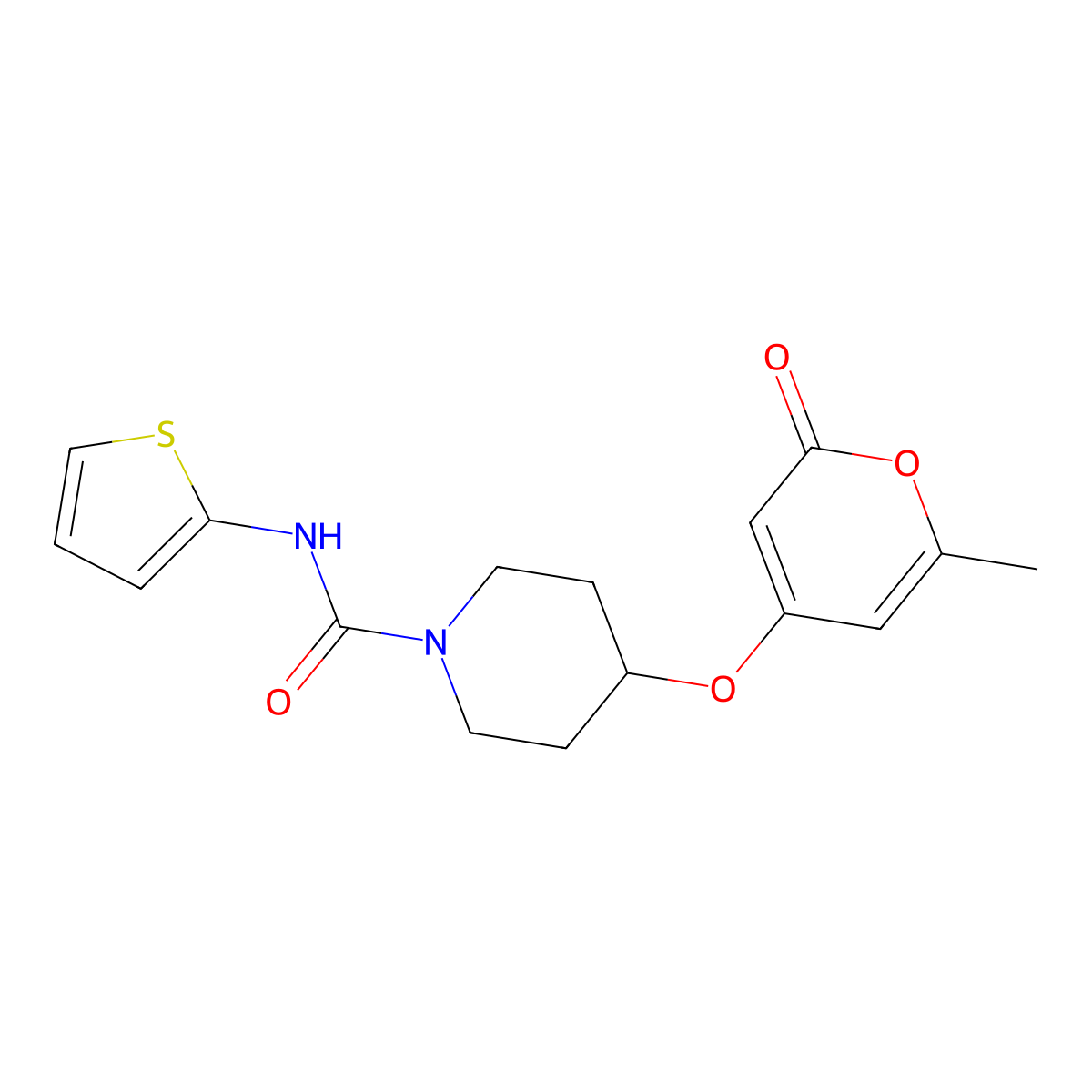 4-((6-methyl-2-oxo-2H-pyran-4-yl)oxy)-N-(thiophen-2-yl)piperidine-1-carboxamide molecular structure, CAS 1706285-72-4