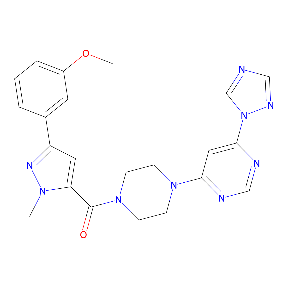 (4-(6-(1H-1,2,4-triazol-1-yl)pyrimidin-4-yl)piperazin-1-yl)(3-(3-methoxyphenyl)-1-methyl-1H-pyrazol-5-yl)methanone molecular structure, CAS 1706285-81-5
