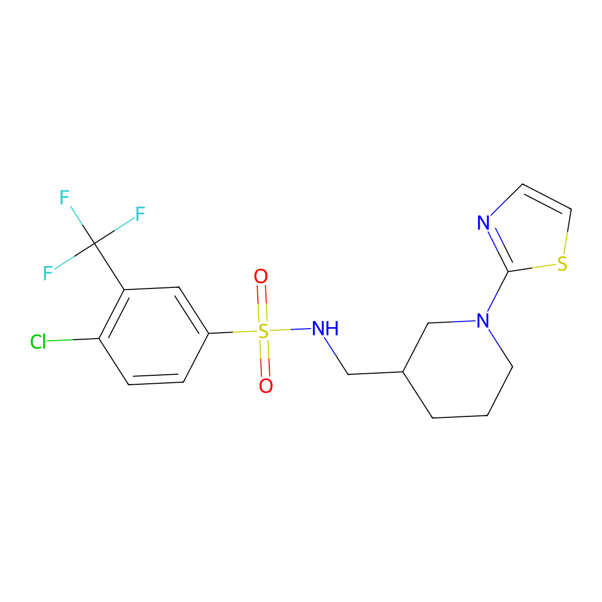 4-chloro-N-((1-(thiazol-2-yl)piperidin-3-yl)methyl)-3-(trifluoromethyl)benzenesulfonamide molecular structure, CAS 1706286-40-9