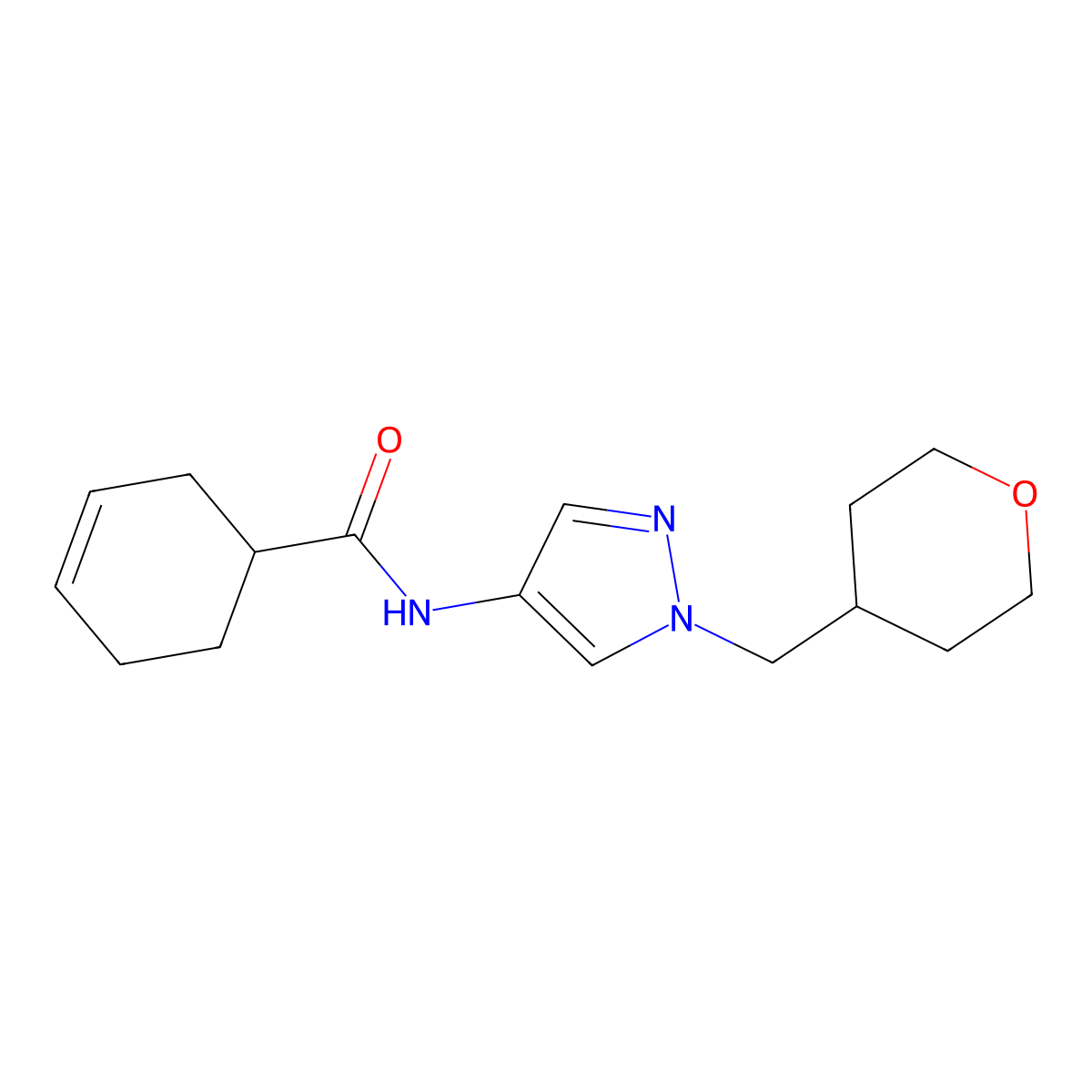 N-(1-((tetrahydro-2H-pyran-4-yl)methyl)-1H-pyrazol-4-yl)cyclohex-3-enecarboxamide molecular structure, CAS 1706287-58-2