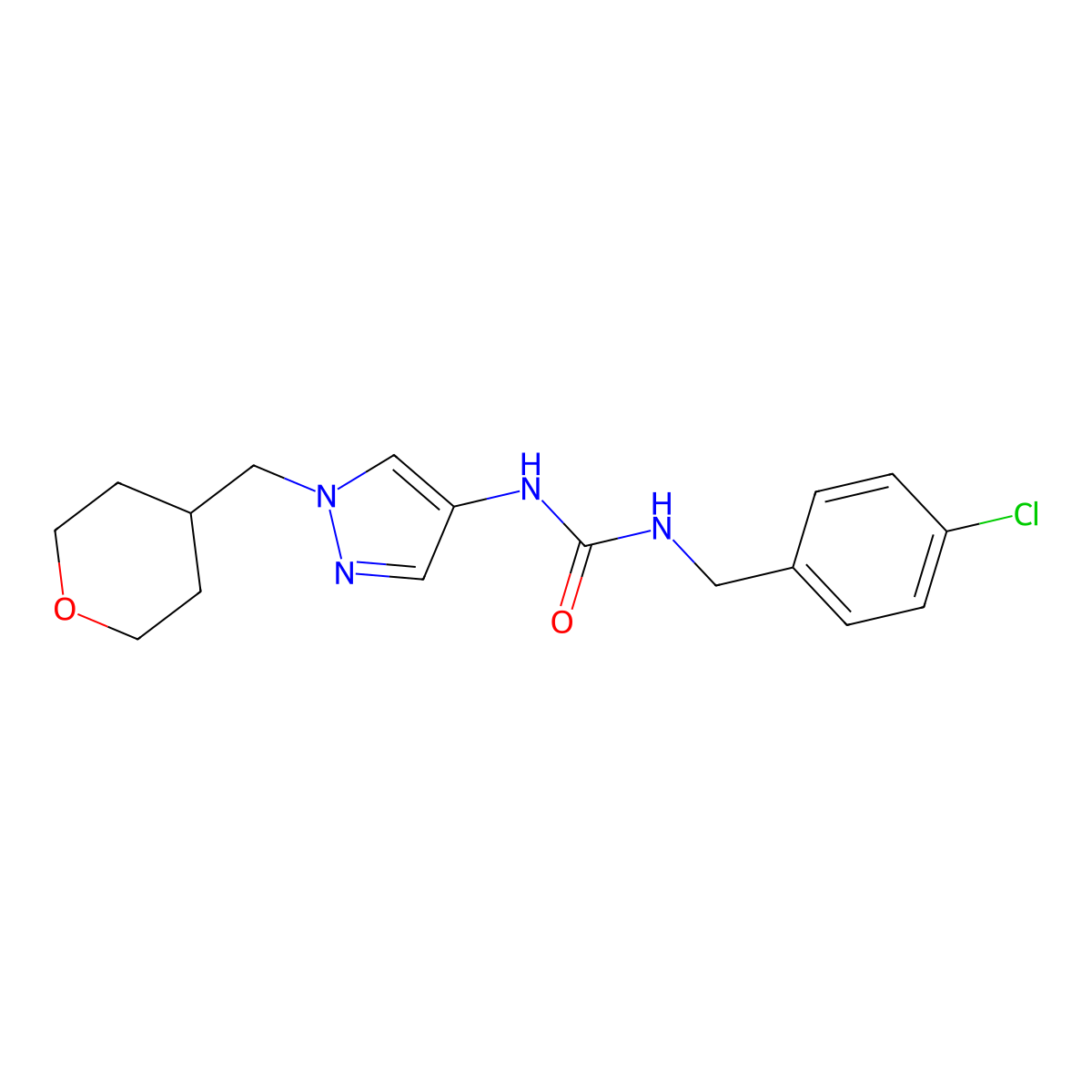 1-(4-chlorobenzyl)-3-(1-((tetrahydro-2H-pyran-4-yl)methyl)-1H-pyrazol-4-yl)urea molecular structure, CAS 1706287-77-5