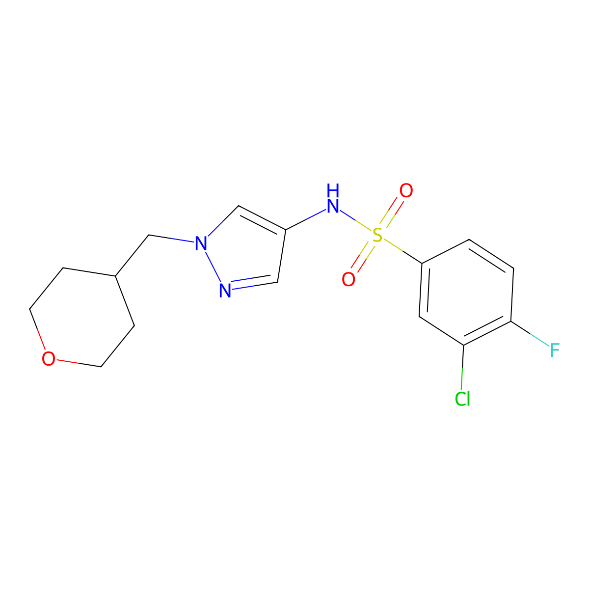 3-chloro-4-fluoro-N-(1-((tetrahydro-2H-pyran-4-yl)methyl)-1H-pyrazol-4-yl)benzenesulfonamide molecular structure, CAS 1706288-11-0