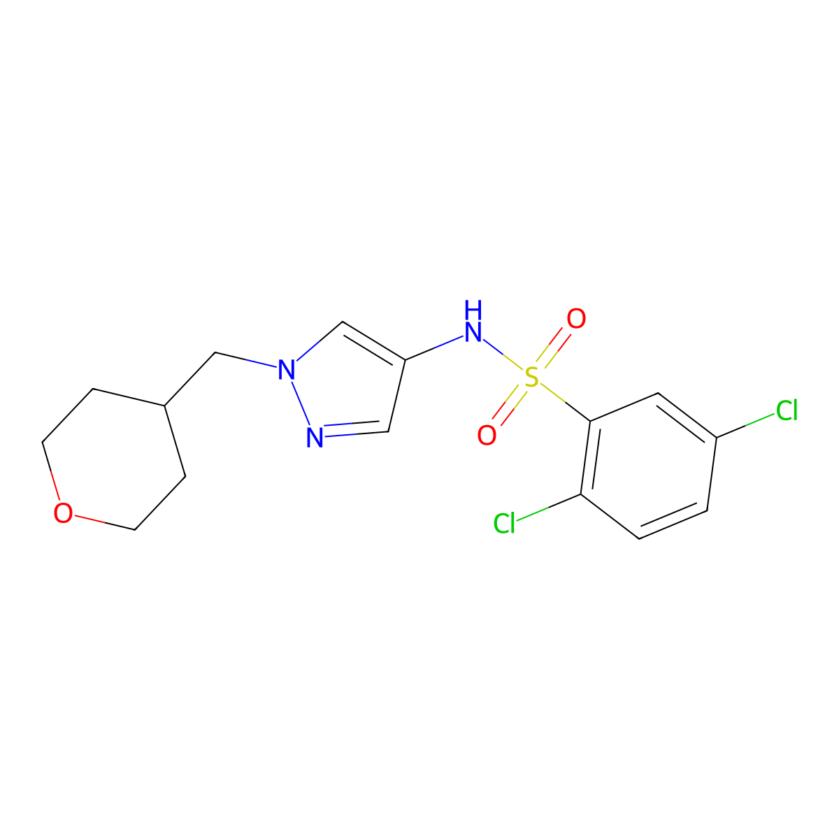 2,5-dichloro-N-(1-((tetrahydro-2H-pyran-4-yl)methyl)-1H-pyrazol-4-yl)benzenesulfonamide molecular structure, CAS 1706288-37-0