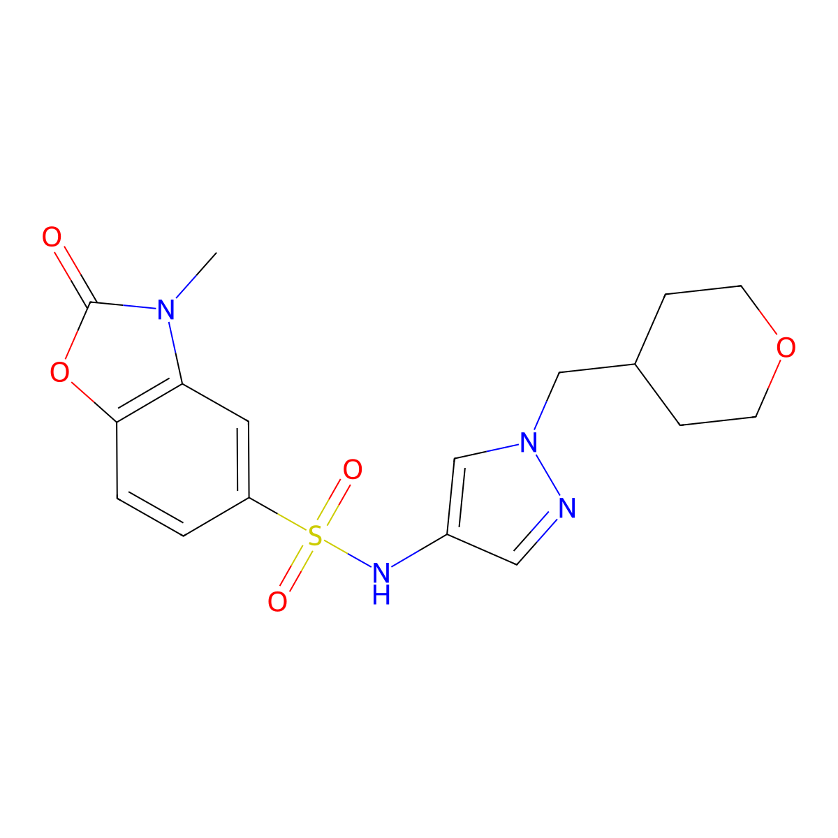 3-methyl-2-oxo-N-(1-((tetrahydro-2H-pyran-4-yl)methyl)-1H-pyrazol-4-yl)-2,3-dihydrobenzo[d]oxazole-5-sulfonamide molecular structure, CAS 1706288-59-6