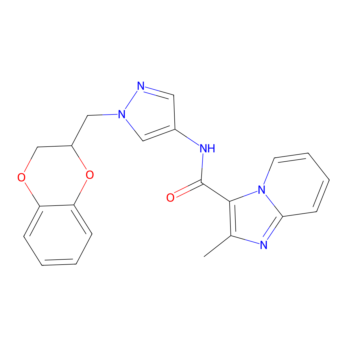 N-(1-((2,3-dihydrobenzo[b][1,4]dioxin-2-yl)methyl)-1H-pyrazol-4-yl)-2-methylimidazo[1,2-a]pyridine-3-carboxamide molecular structure, CAS 1706289-15-7