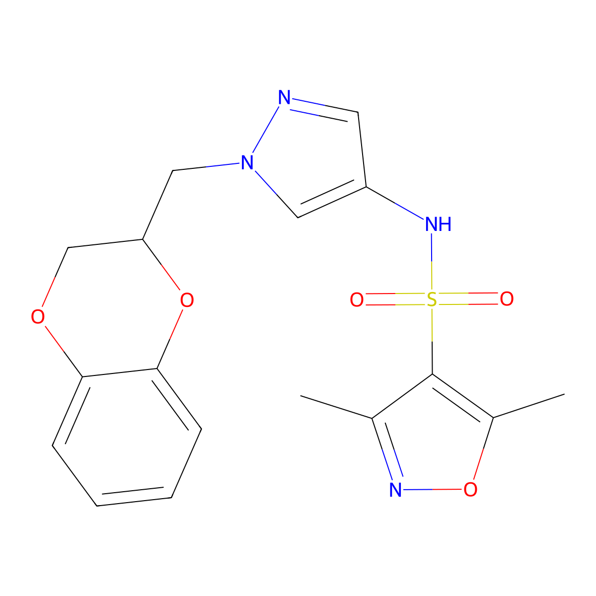 N-(1-((2,3-dihydrobenzo[b][1,4]dioxin-2-yl)methyl)-1H-pyrazol-4-yl)-3,5-dimethylisoxazole-4-sulfonamide molecular structure, CAS 1706289-69-1
