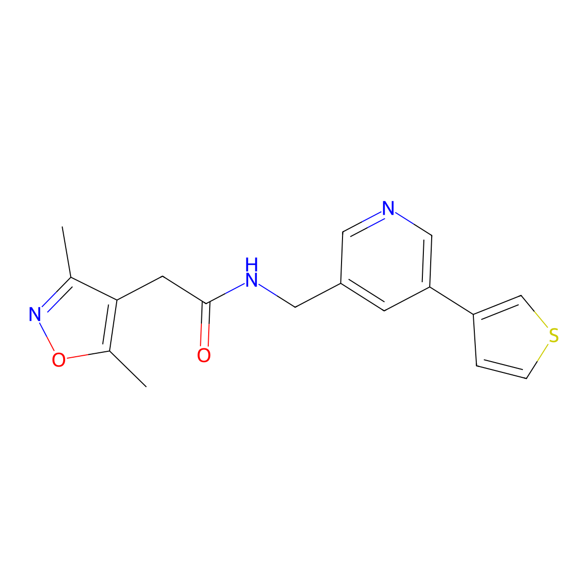 2-(3,5-dimethylisoxazol-4-yl)-N-((5-(thiophen-3-yl)pyridin-3-yl)methyl)acetamide molecular structure, CAS 1706290-43-8