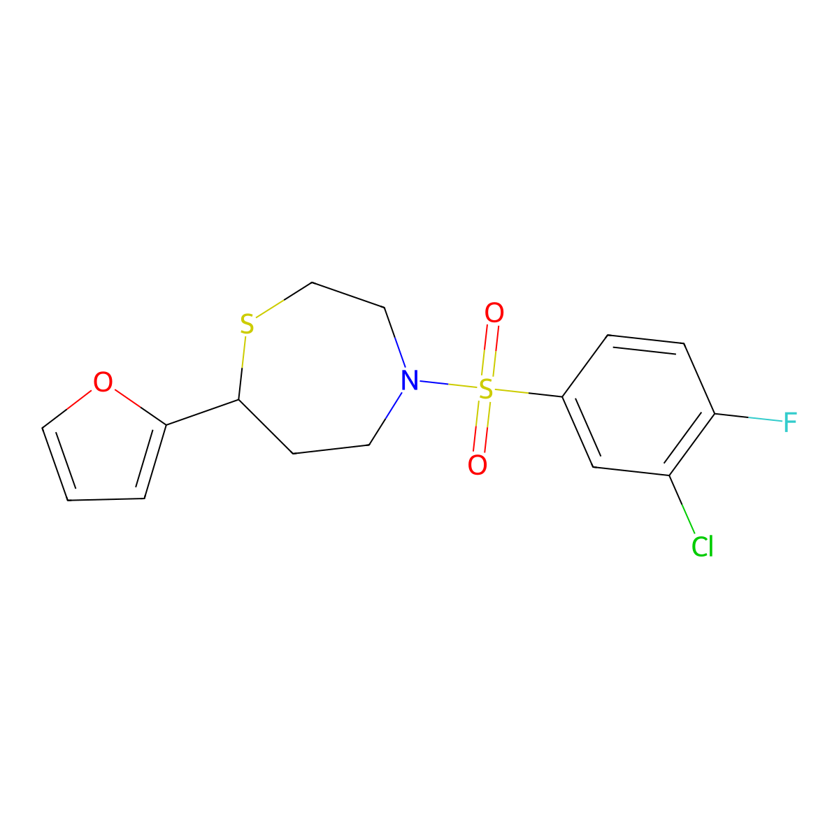 4-((3-Chloro-4-fluorophenyl)sulfonyl)-7-(furan-2-yl)-1,4-thiazepane molecular structure, CAS 1706291-22-6