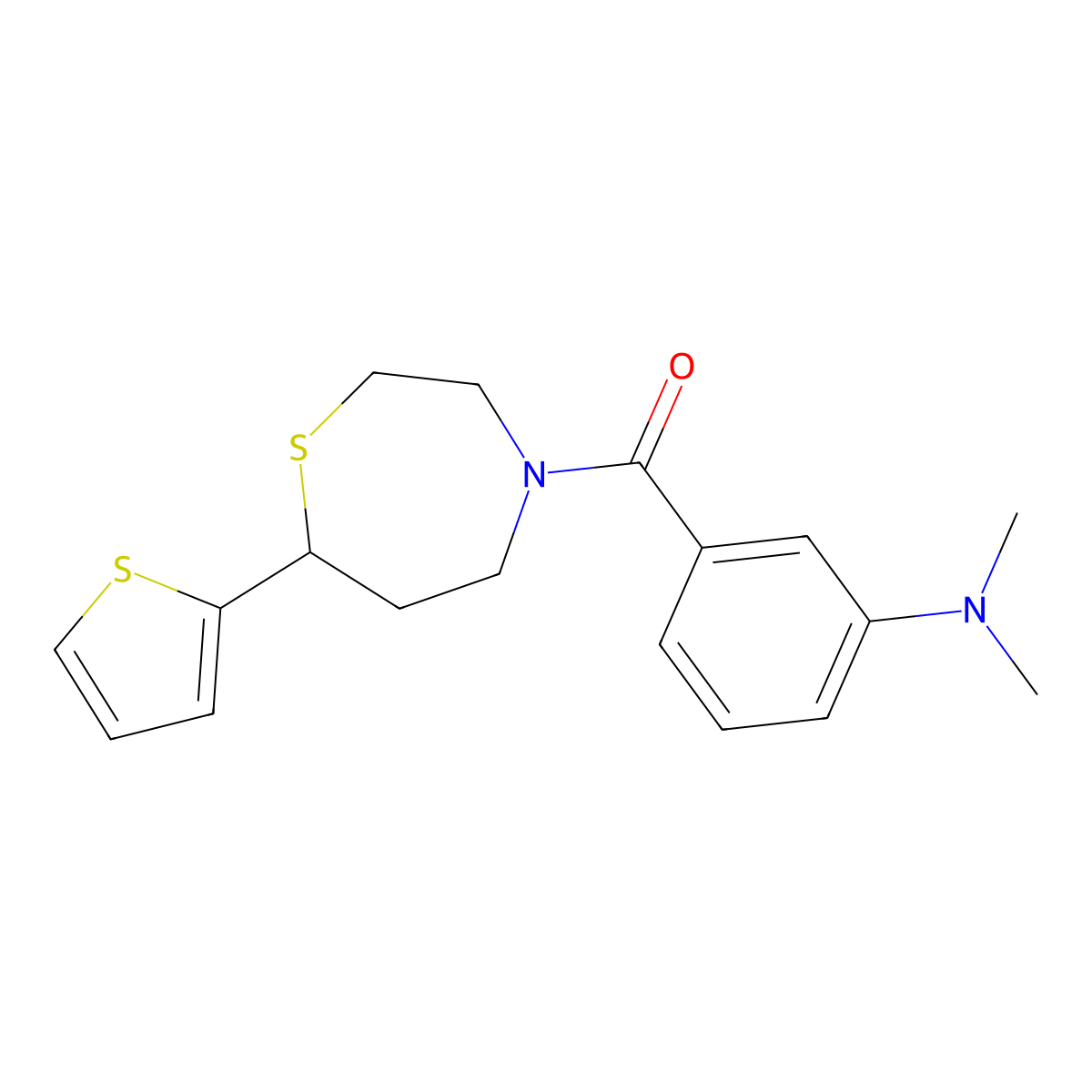(3-(Dimethylamino)phenyl)(7-(thiophen-2-yl)-1,4-thiazepan-4-yl)methanone molecular structure, CAS 1706292-06-9