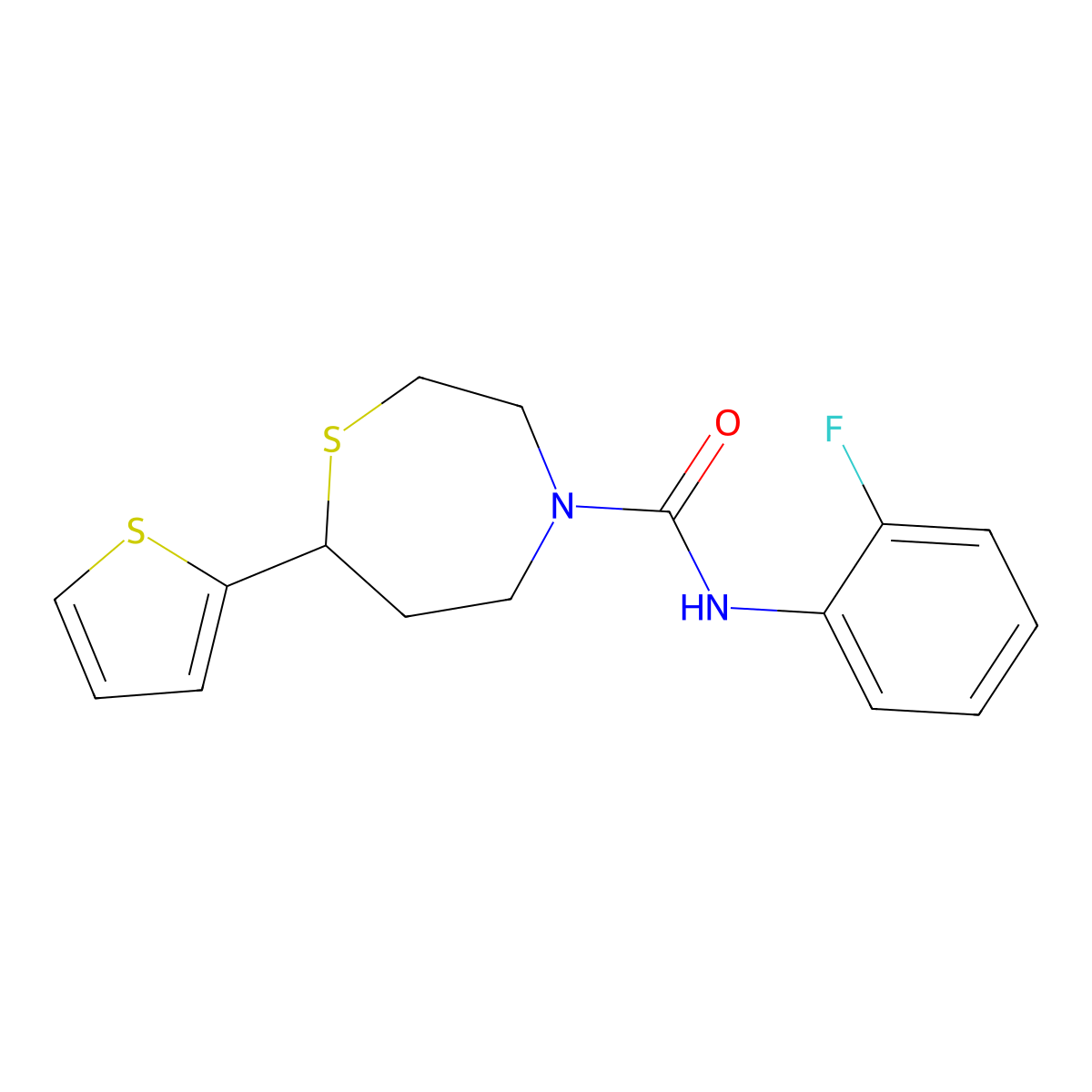 N-(2-fluorophenyl)-7-(thiophen-2-yl)-1,4-thiazepane-4-carboxamide molecular structure, CAS 1706292-62-7