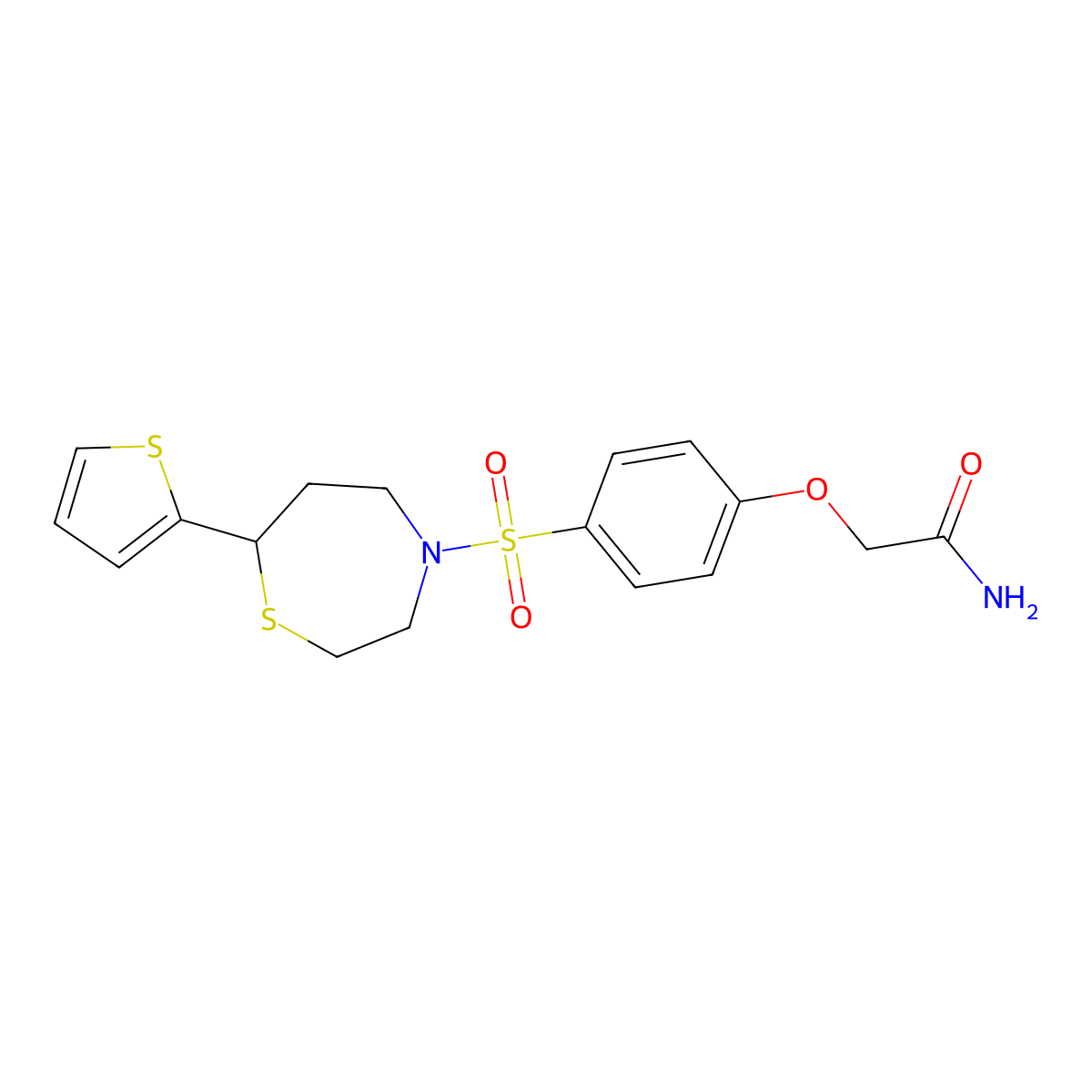 2-(4-{[7-(Thiophen-2-yl)-1,4-thiazepan-4-yl]sulfonyl}phenoxy)acetamide molecular structure, CAS 1706292-87-6