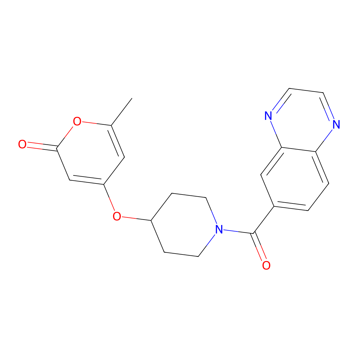 6-methyl-4-{[1-(quinoxaline-6-carbonyl)piperidin-4-yl]oxy}-2H-pyran-2-one molecular structure, CAS 1706299-95-7