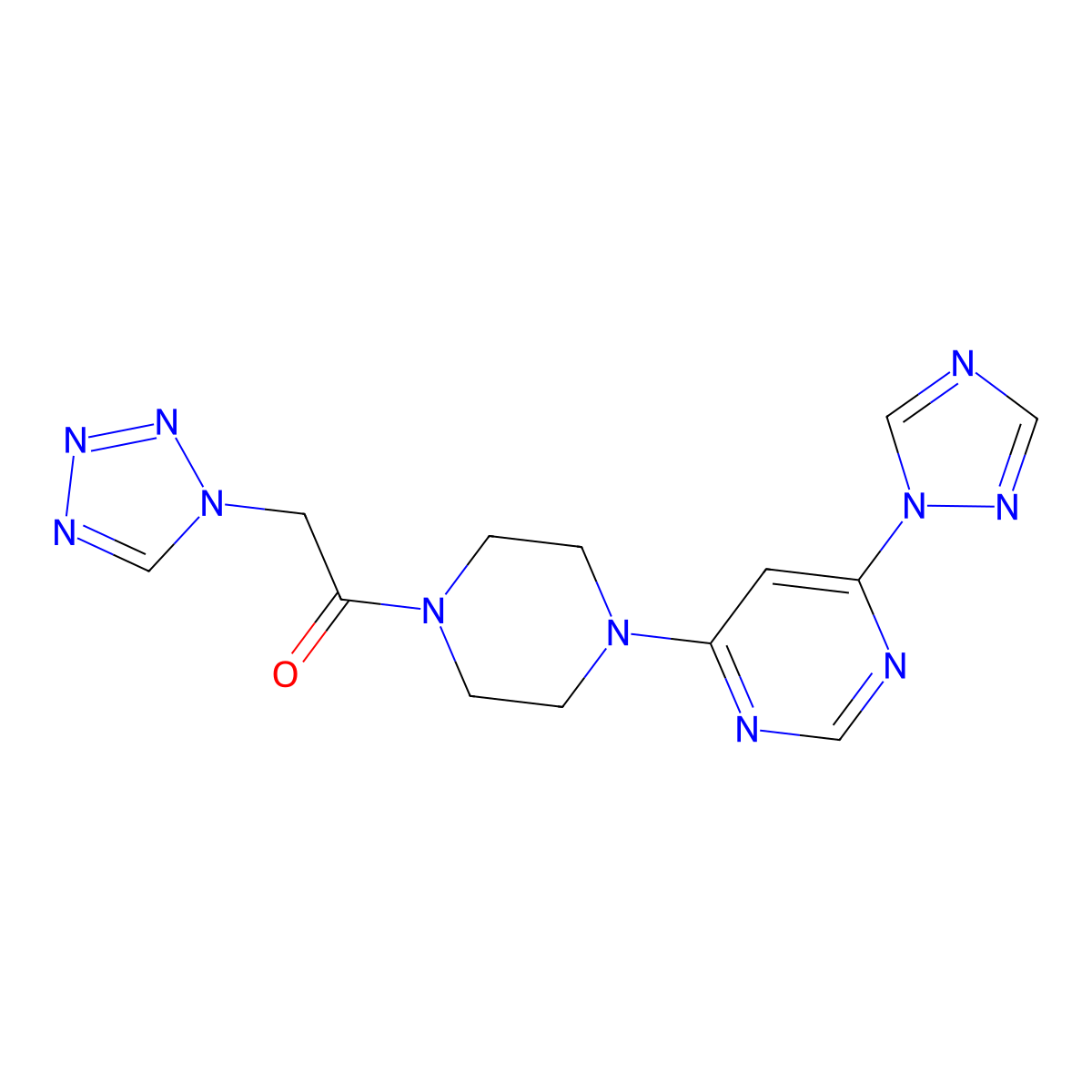 1-(4-(6-(1H-1,2,4-triazol-1-yl)pyrimidin-4-yl)piperazin-1-yl)-2-(1H-tetrazol-1-yl)ethanone molecular structure, CAS 1706300-04-0