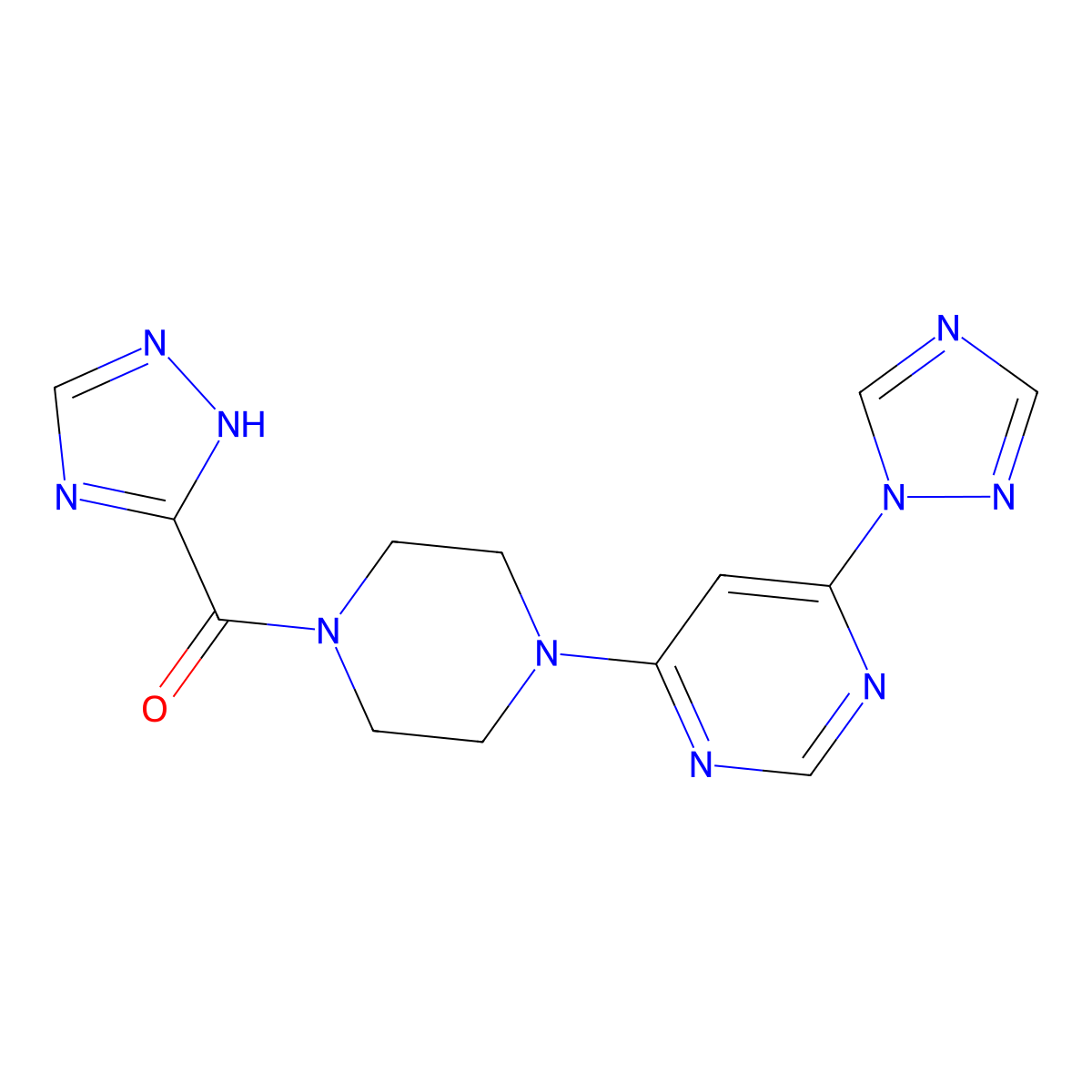 (4-(6-(1H-1,2,4-triazol-1-yl)pyrimidin-4-yl)piperazin-1-yl)(1H-1,2,4-triazol-5-yl)methanone molecular structure, CAS 1706300-12-0