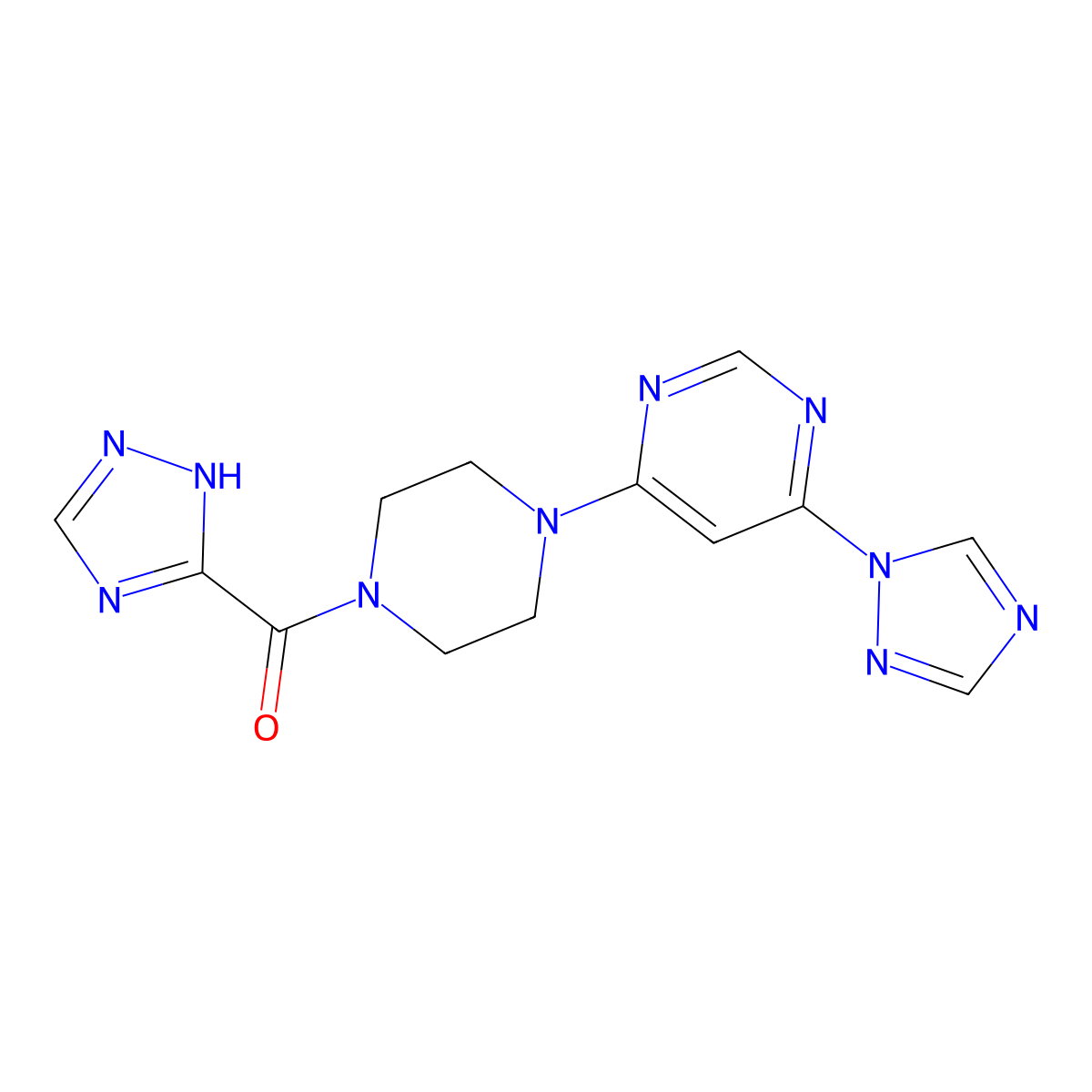 (4-(6-(1H-1,2,4-triazol-1-yl)pyrimidin-4-yl)piperazin-1-yl)(1H-1,2,4-triazol-5-yl)methanone molecular structure, CAS 1706300-12-0
