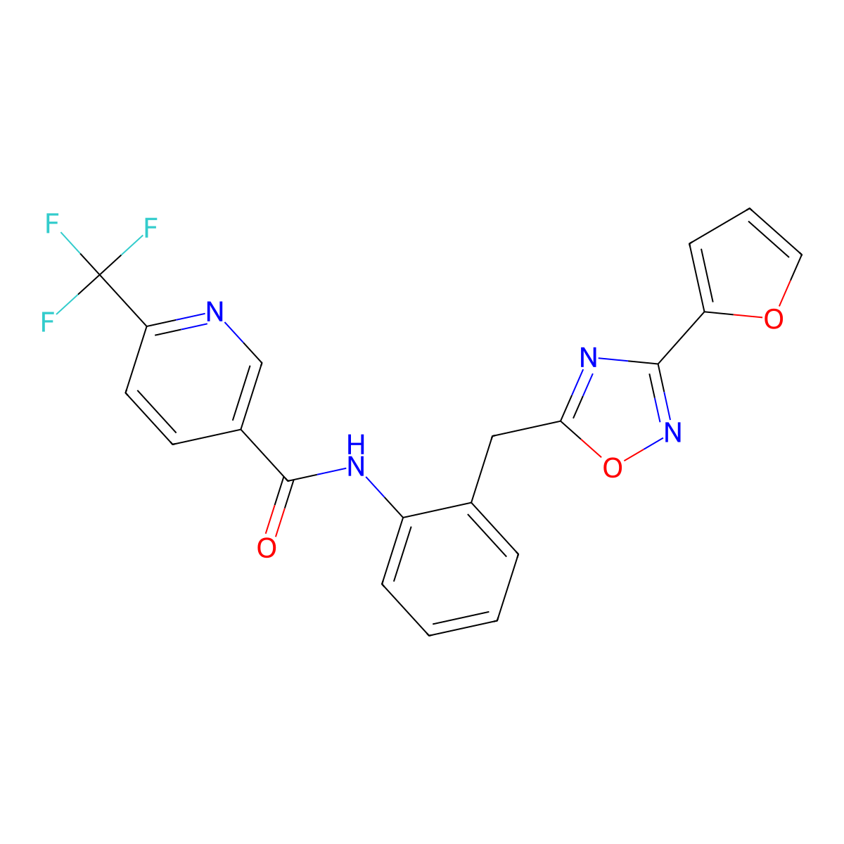 N-(2-((3-(furan-2-yl)-1,2,4-oxadiazol-5-yl)methyl)phenyl)-6-(trifluoromethyl)nicotinamide molecular structure, CAS 1706301-38-3