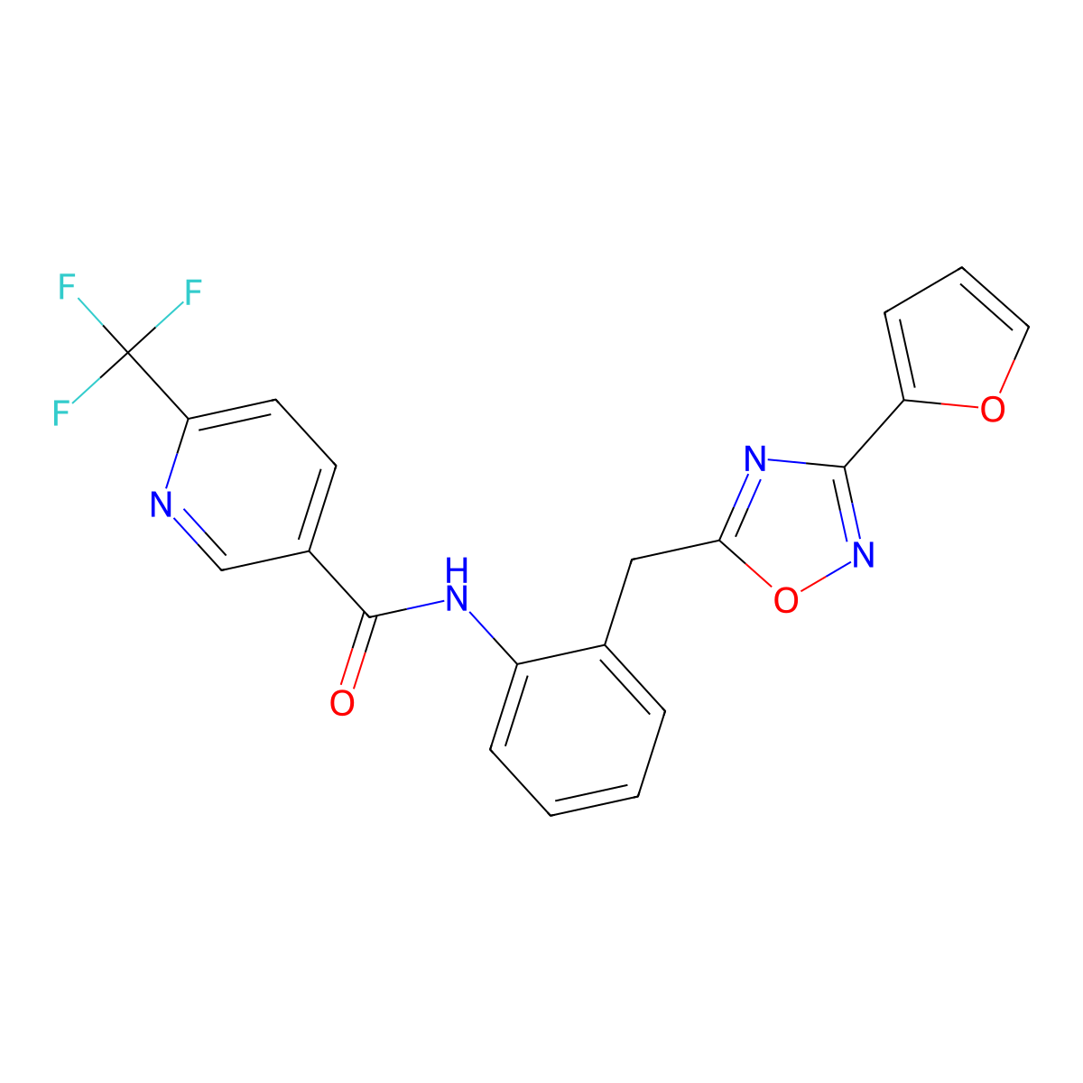 N-(2-((3-(furan-2-yl)-1,2,4-oxadiazol-5-yl)methyl)phenyl)-6-(trifluoromethyl)nicotinamide molecular structure, CAS 1706301-38-3