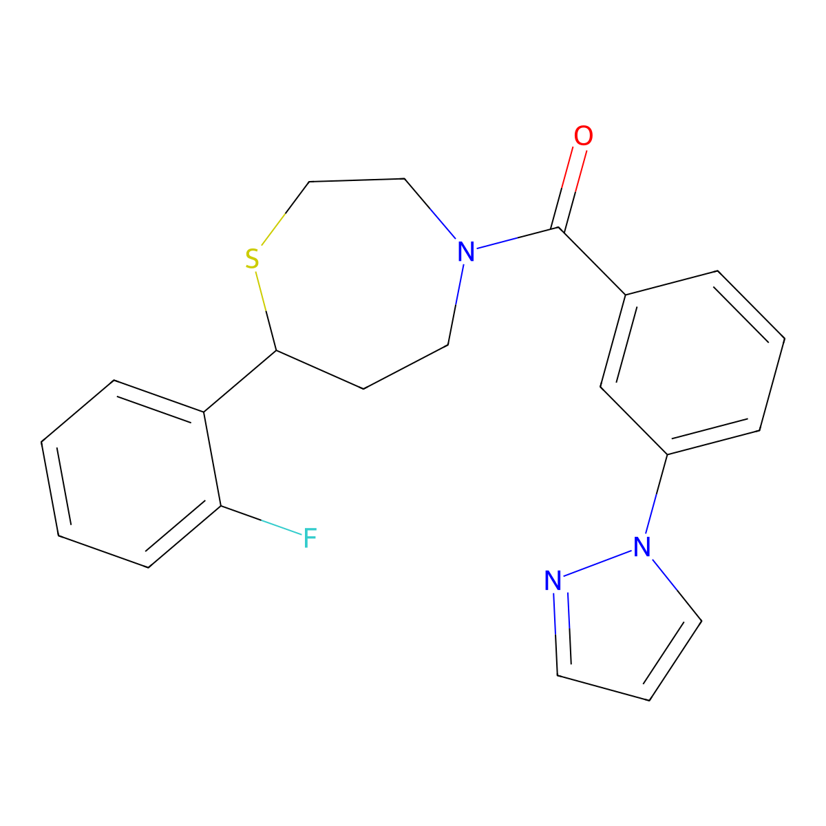 (3-(1H-pyrazol-1-yl)phenyl)(7-(2-fluorophenyl)-1,4-thiazepan-4-yl)methanone molecular structure, CAS 1706302-55-7
