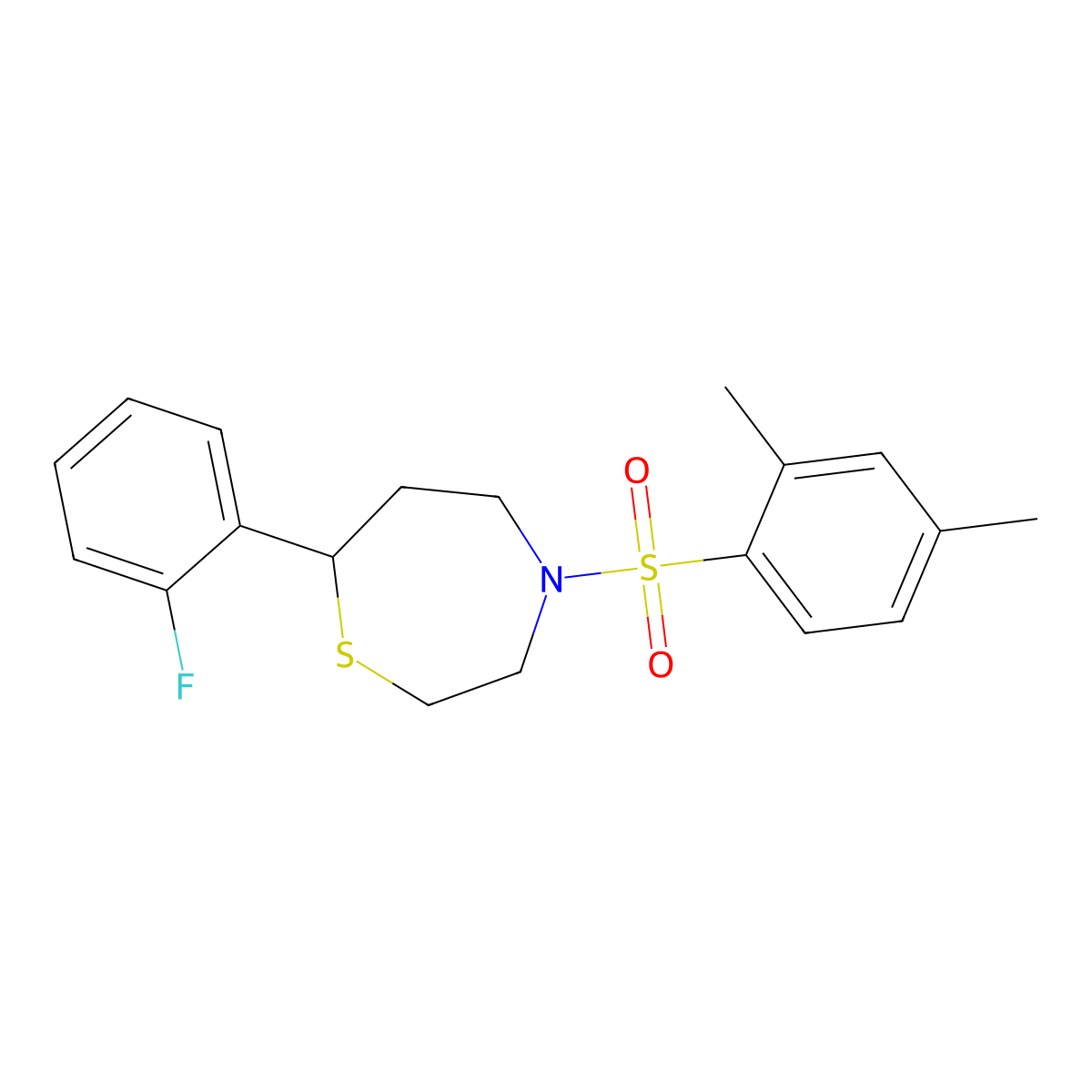 4-((2,4-Dimethylphenyl)sulfonyl)-7-(2-fluorophenyl)-1,4-thiazepane molecular structure, CAS 1706302-91-1