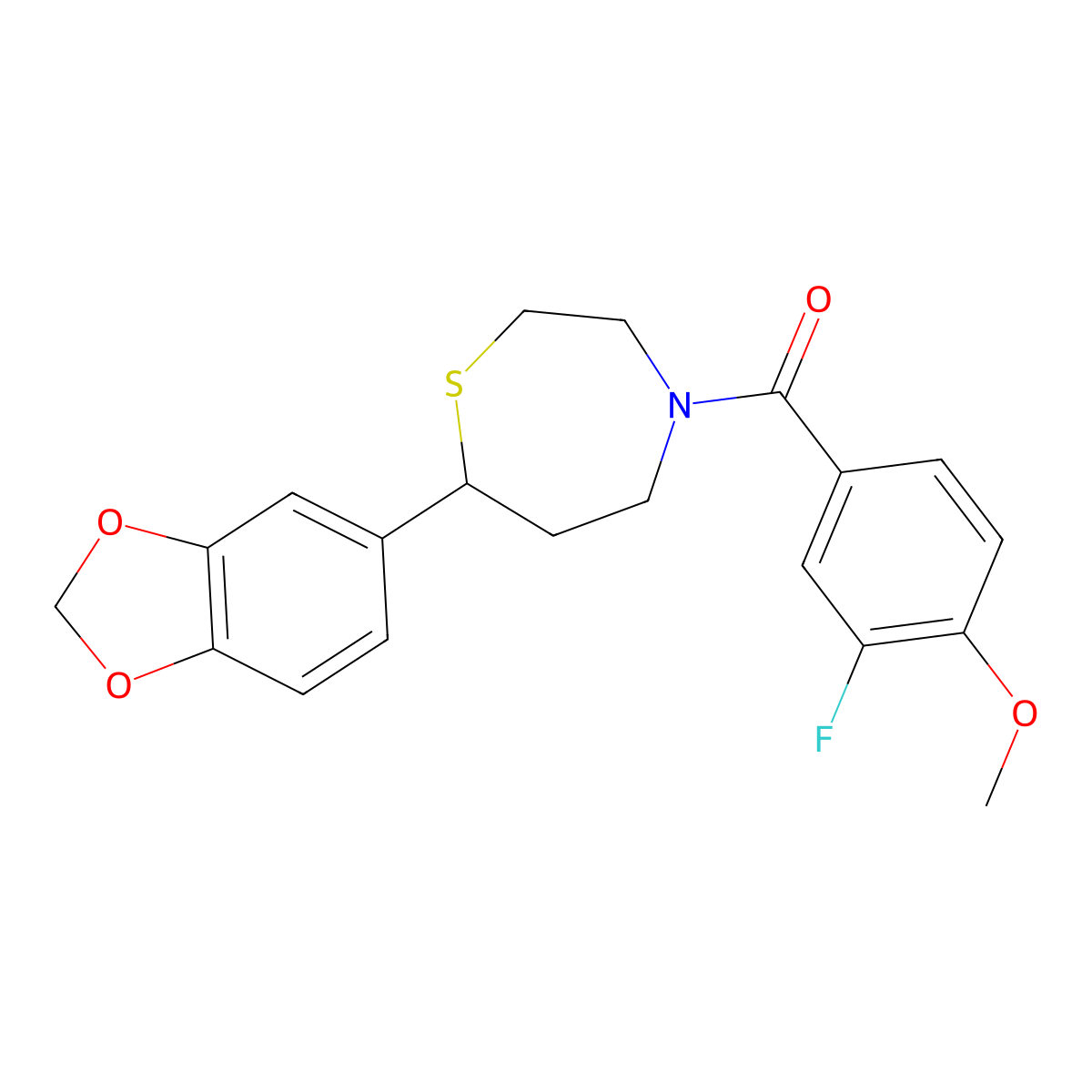 (7-(Benzo[d][1,3]dioxol-5-yl)-1,4-thiazepan-4-yl)(3-fluoro-4-methoxyphenyl)methanone molecular structure, CAS 1706303-80-1
