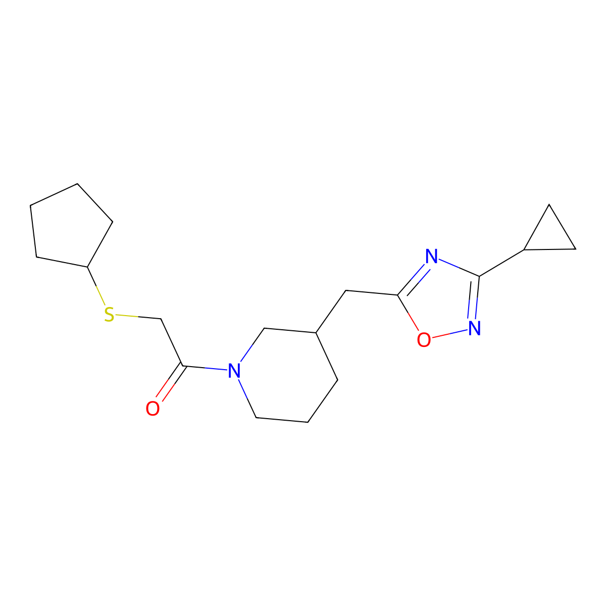 2-(Cyclopentylthio)-1-(3-((3-cyclopropyl-1,2,4-oxadiazol-5-yl)methyl)piperidin-1-yl)ethanone molecular structure, CAS 1706304-60-0
