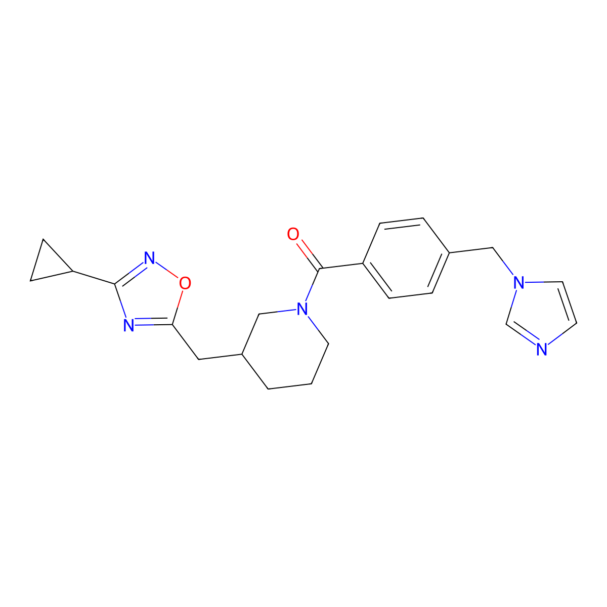(4-((1H-imidazol-1-yl)methyl)phenyl)(3-((3-cyclopropyl-1,2,4-oxadiazol-5-yl)methyl)piperidin-1-yl)methanone molecular structure, CAS 1706304-66-6