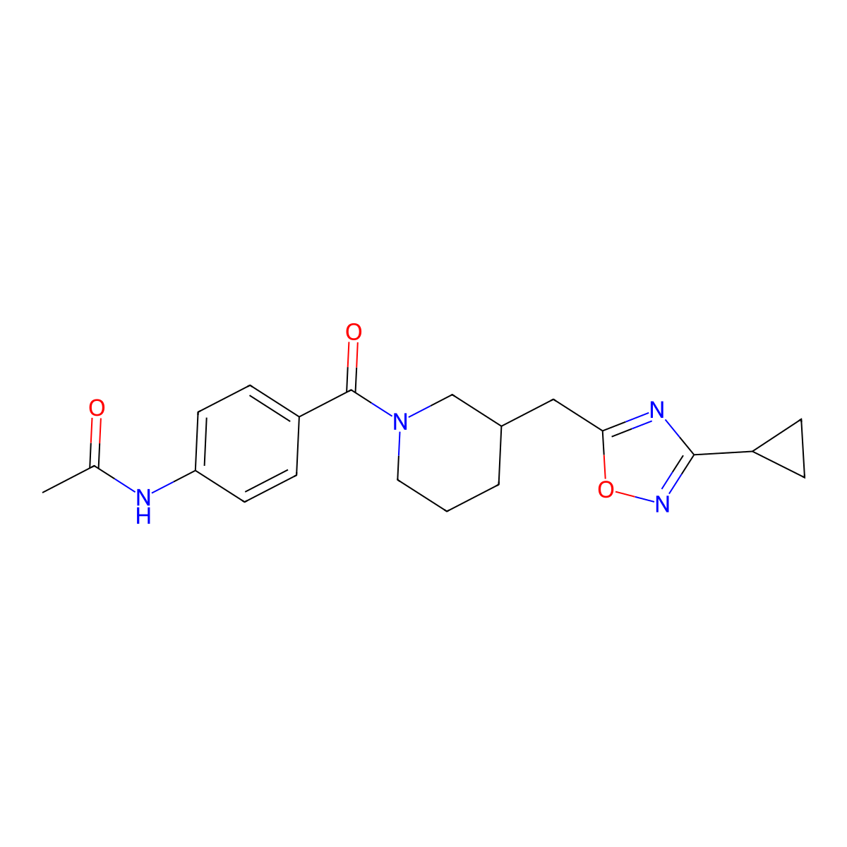 N-(4-{3-[(3-cyclopropyl-1,2,4-oxadiazol-5-yl)methyl]piperidine-1-carbonyl}phenyl)acetamide molecular structure, CAS 1706304-81-5