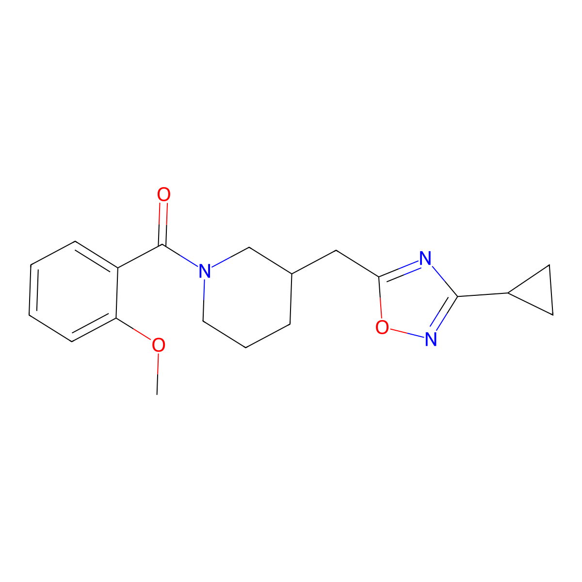 (3-((3-Cyclopropyl-1,2,4-oxadiazol-5-yl)methyl)piperidin-1-yl)(2-methoxyphenyl)methanone molecular structure, CAS 1706305-07-8
