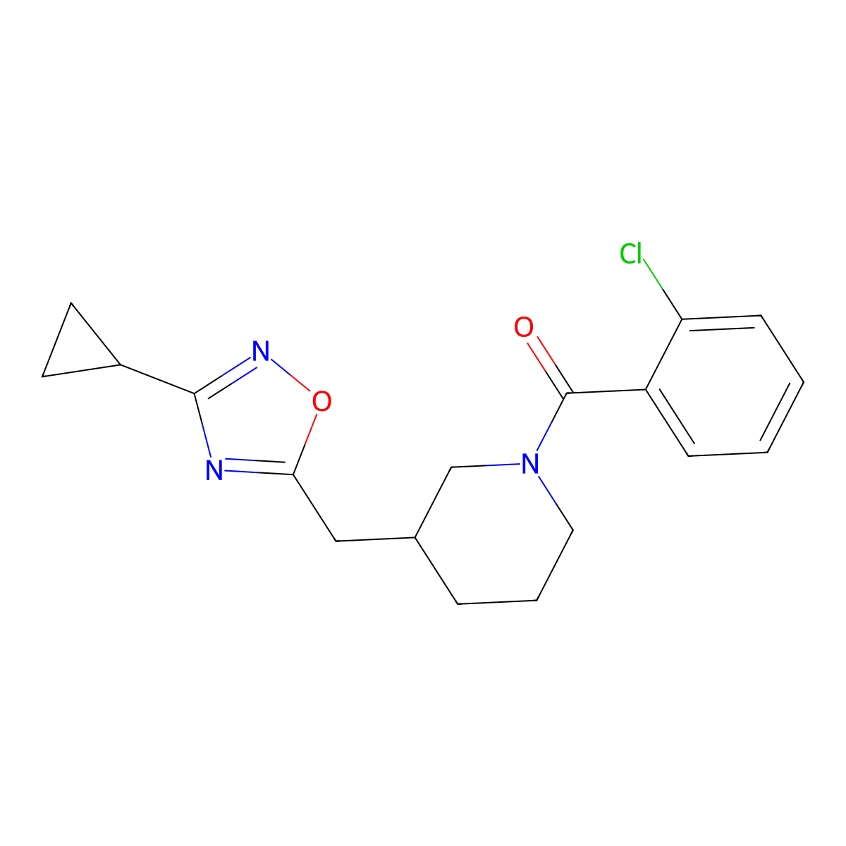 (2-Chlorophenyl)(3-((3-cyclopropyl-1,2,4-oxadiazol-5-yl)methyl)piperidin-1-yl)methanone molecular structure, CAS 1706305-20-5