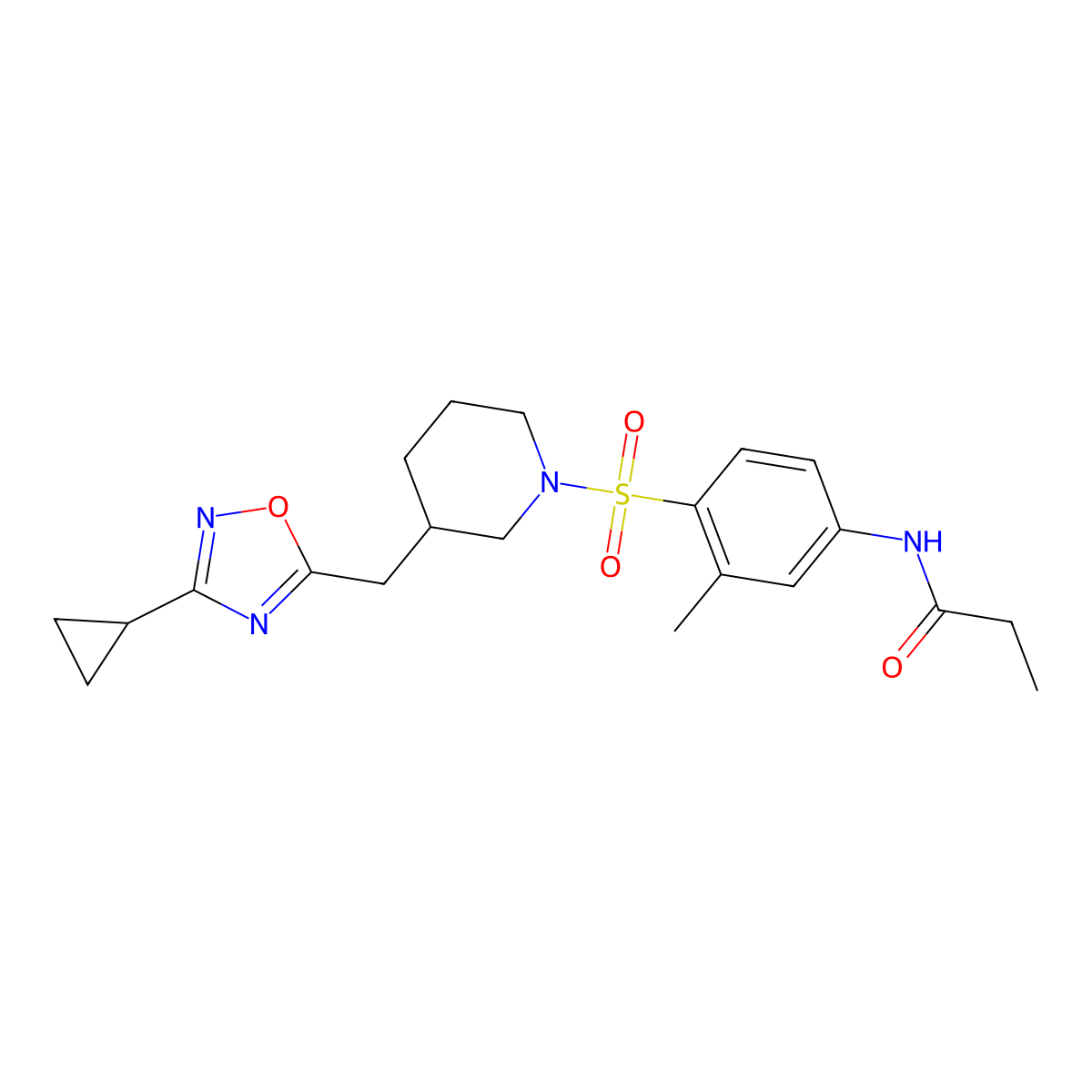 N-(4-((3-((3-cyclopropyl-1,2,4-oxadiazol-5-yl)methyl)piperidin-1-yl)sulfonyl)-3-methylphenyl)propionamide molecular structure, CAS 1706306-78-6