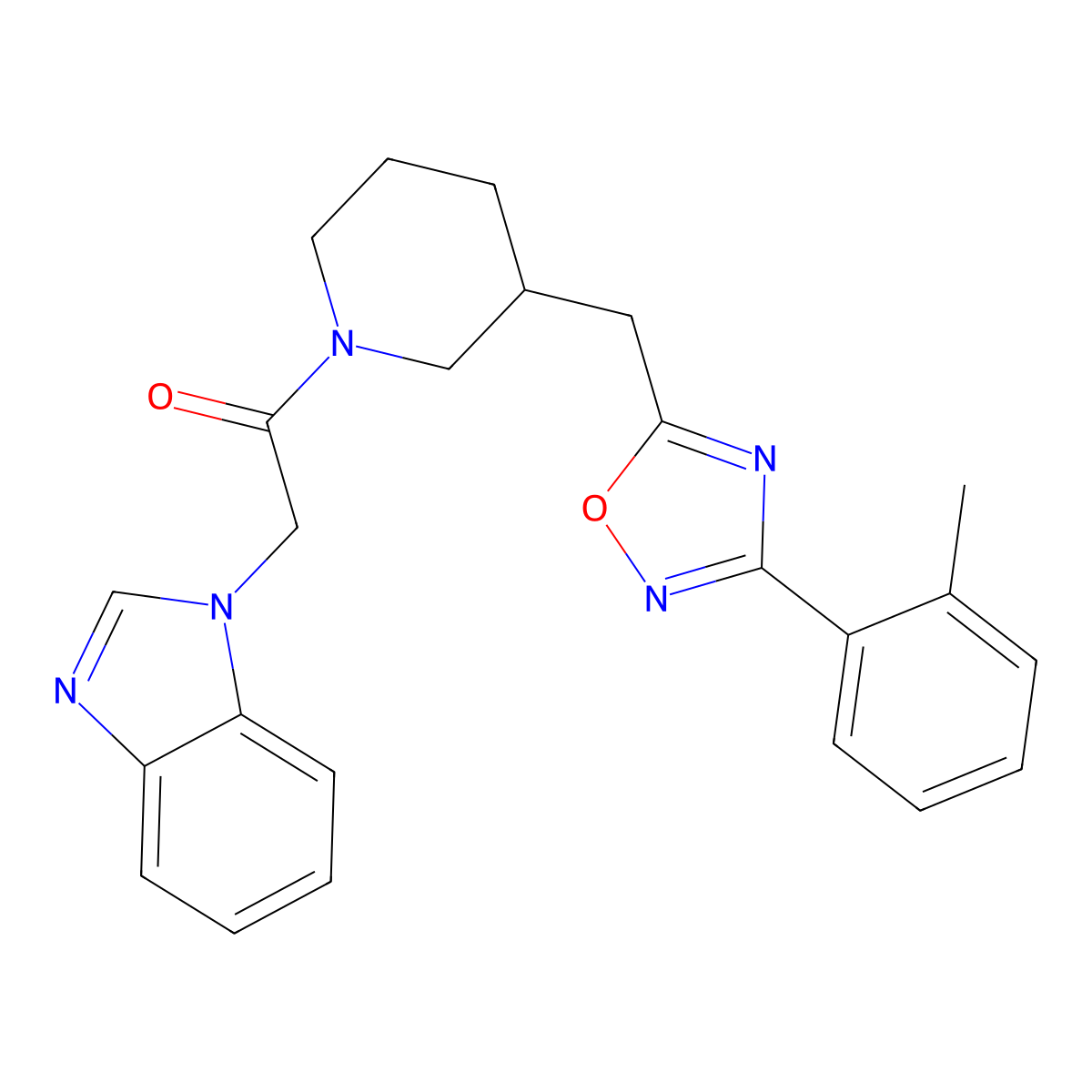 2-(1H-1,3-benzodiazol-1-yl)-1-(3-{[3-(2-methylphenyl)-1,2,4-oxadiazol-5-yl]methyl}piperidin-1-yl)ethan-1-one molecular structure, CAS 1706306-96-8