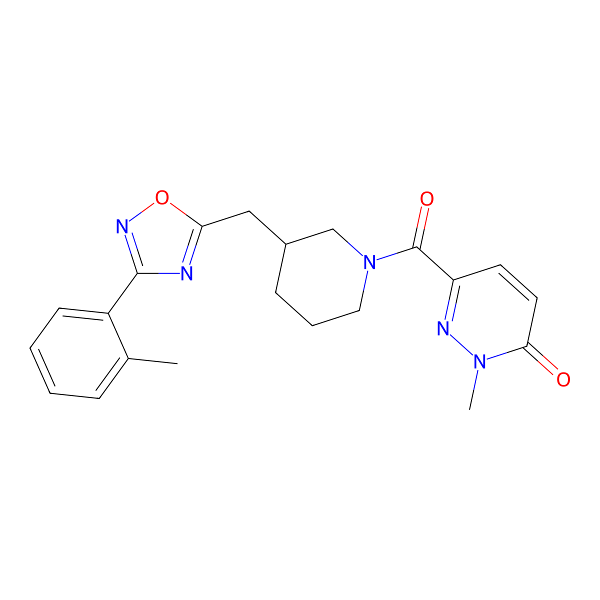 2-methyl-6-(3-((3-(o-tolyl)-1,2,4-oxadiazol-5-yl)methyl)piperidine-1-carbonyl)pyridazin-3(2H)-one molecular structure, CAS 1706307-03-0