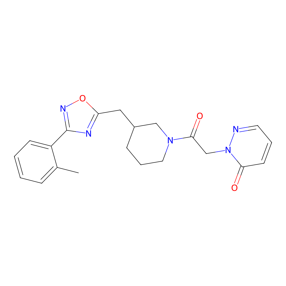 2-(2-oxo-2-(3-((3-(o-tolyl)-1,2,4-oxadiazol-5-yl)methyl)piperidin-1-yl)ethyl)pyridazin-3(2H)-one molecular structure, CAS 1706307-32-5