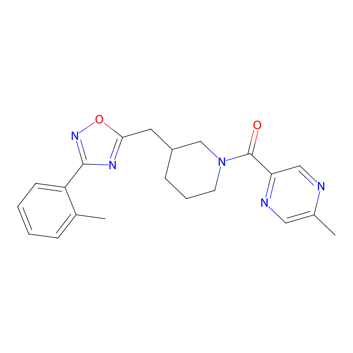 (5-Methylpyrazin-2-yl)(3-((3-(o-tolyl)-1,2,4-oxadiazol-5-yl)methyl)piperidin-1-yl)methanone molecular structure, CAS 1706307-59-6