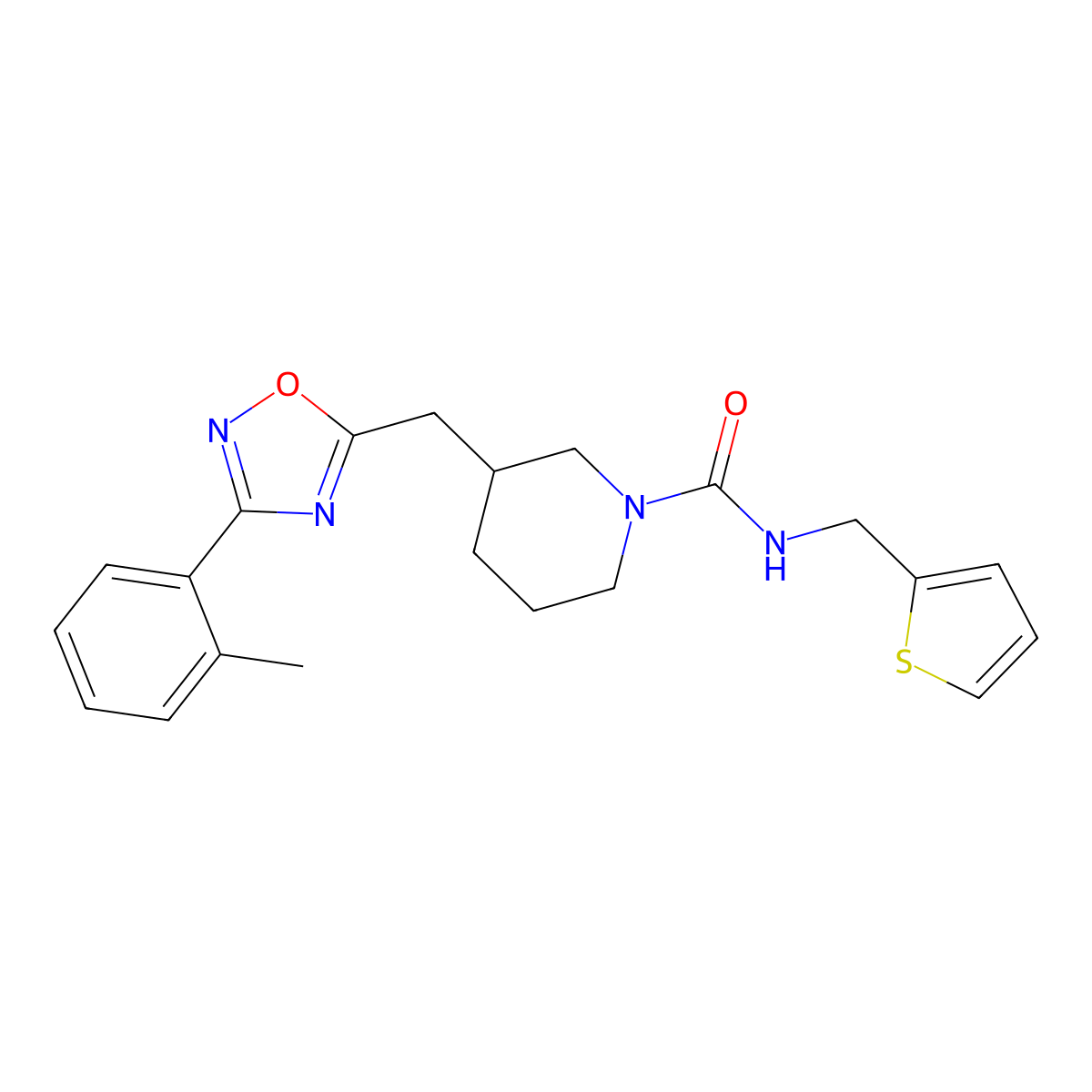 N-(thiophen-2-ylmethyl)-3-((3-(o-tolyl)-1,2,4-oxadiazol-5-yl)methyl)piperidine-1-carboxamide molecular structure, CAS 1706307-64-3