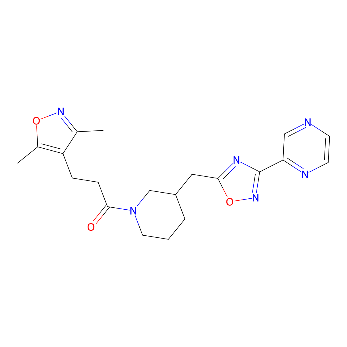 3-(3,5-Dimethylisoxazol-4-yl)-1-(3-((3-(pyrazin-2-yl)-1,2,4-oxadiazol-5-yl)methyl)piperidin-1-yl)propan-1-one molecular structure, CAS 1706307-87-0