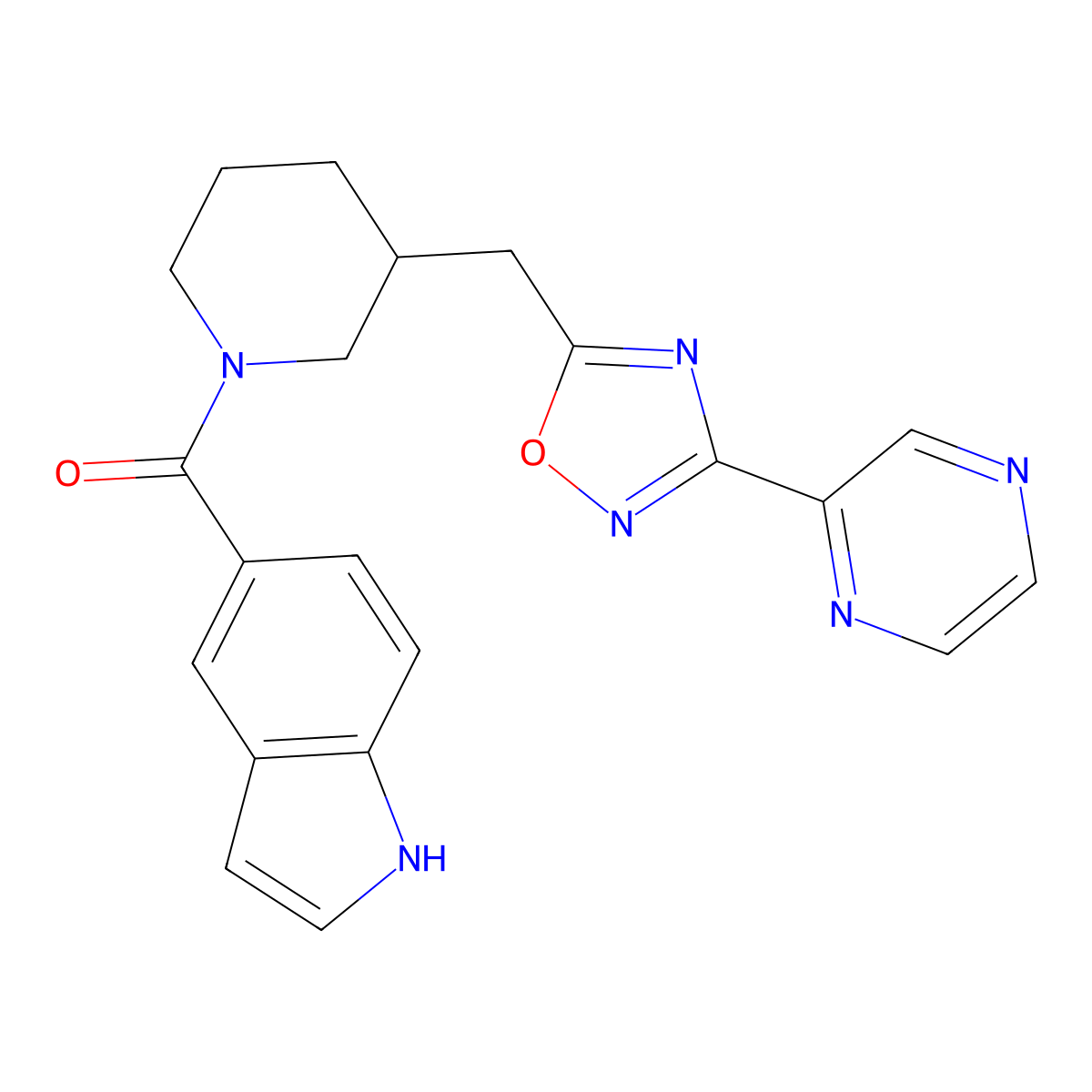 (1H-indol-5-yl)(3-((3-(pyrazin-2-yl)-1,2,4-oxadiazol-5-yl)methyl)piperidin-1-yl)methanone molecular structure, CAS 1706308-76-0