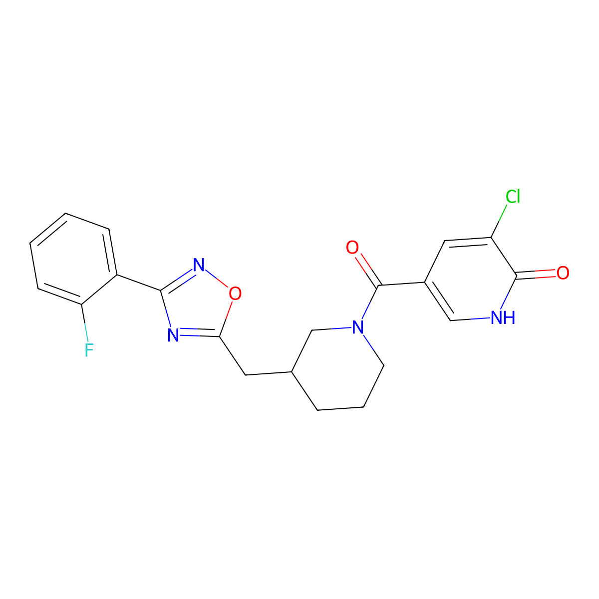 (5-Chloro-6-hydroxypyridin-3-yl)(3-((3-(2-fluorophenyl)-1,2,4-oxadiazol-5-yl)methyl)piperidin-1-yl)methanone molecular structure, CAS 1706310-64-6
