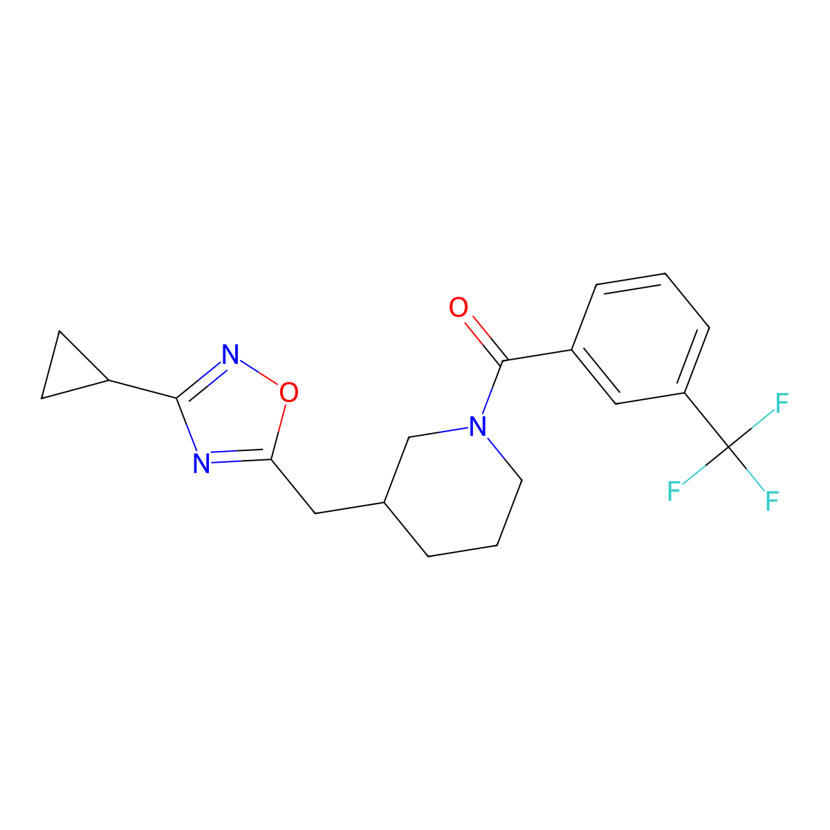 (3-((3-Cyclopropyl-1,2,4-oxadiazol-5-yl)methyl)piperidin-1-yl)(3-(trifluoromethyl)phenyl)methanone molecular structure, CAS 1706311-59-2
