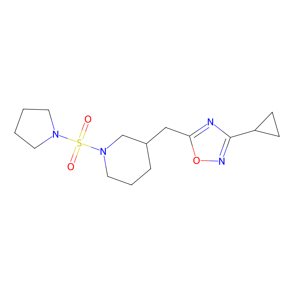 3-Cyclopropyl-5-((1-(pyrrolidin-1-ylsulfonyl)piperidin-3-yl)methyl)-1,2,4-oxadiazole molecular structure, CAS 1706312-18-6