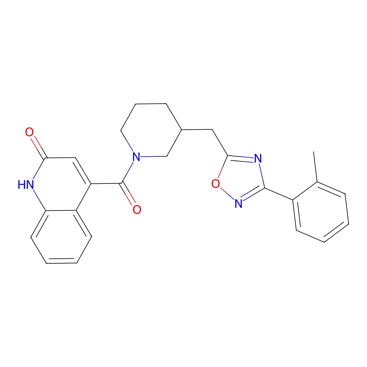 (2-Hydroxyquinolin-4-yl)(3-((3-(o-tolyl)-1,2,4-oxadiazol-5-yl)methyl)piperidin-1-yl)methanone molecular structure, CAS 1706312-32-4